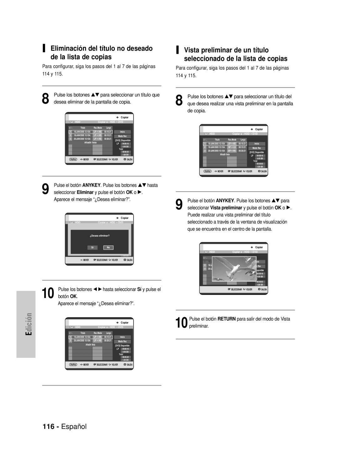 Samsung DVD-HR725/XEN, DVD-HR725/XEG, DVD-HR725/XEF, DVD-HR725/XET Eliminación del título no deseado de la lista de copias 