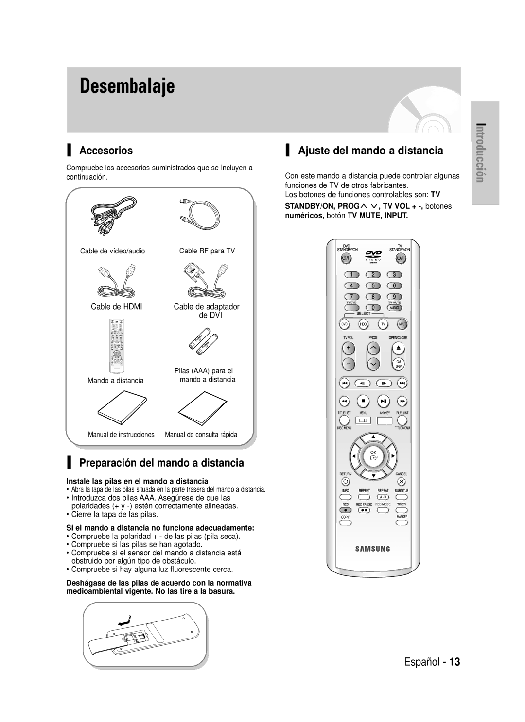 Samsung DVD-HR725/XEF manual Desembalaje, Accesorios, Preparación del mando a distancia, Ajuste del mando a distancia 