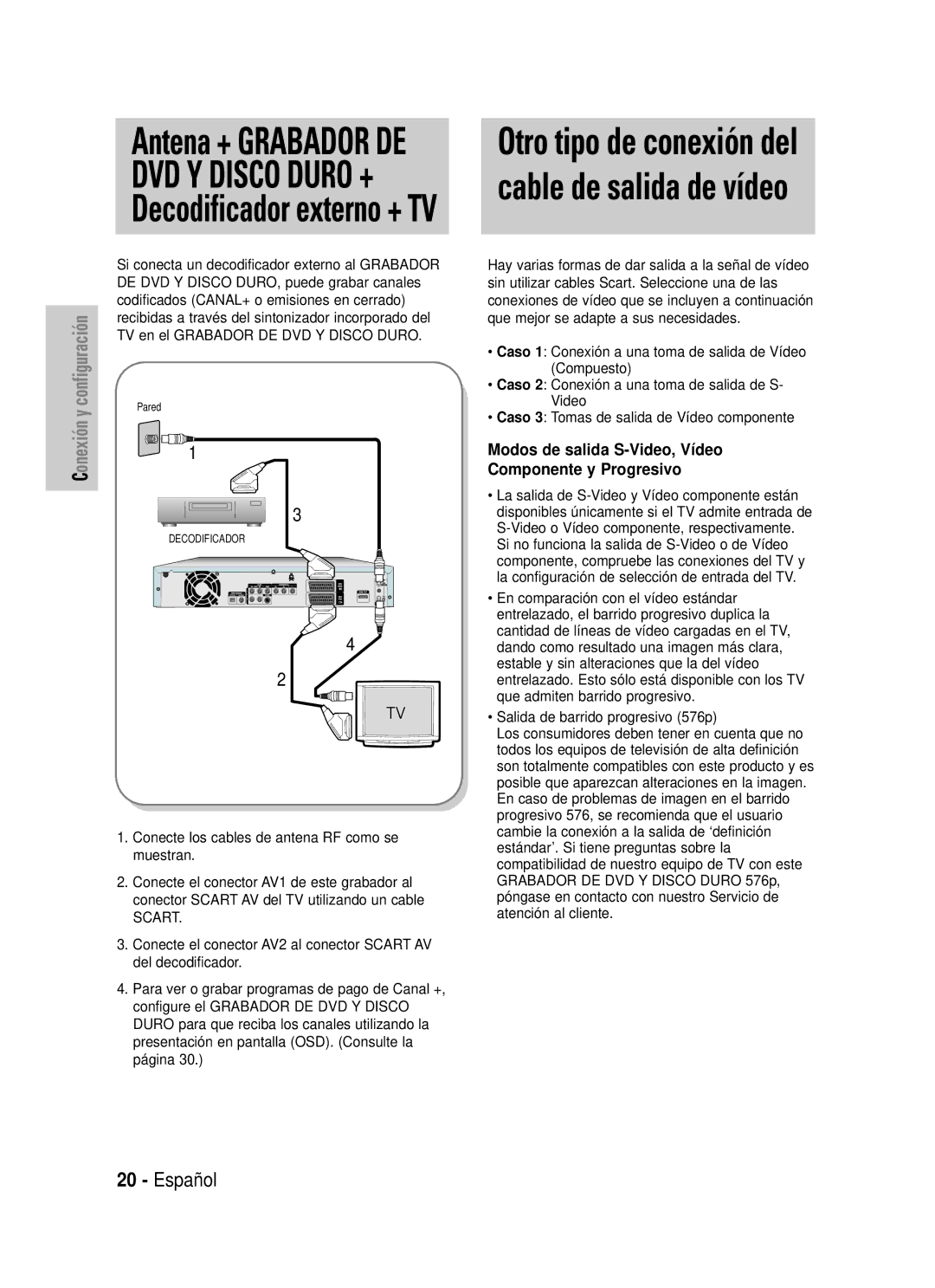 Samsung DVD-HR725/XEN, DVD-HR725/XEG, DVD-HR725/XEF, DVD-HR725/XET Modos de salida S-Video, Vídeo Componente y Progresivo 