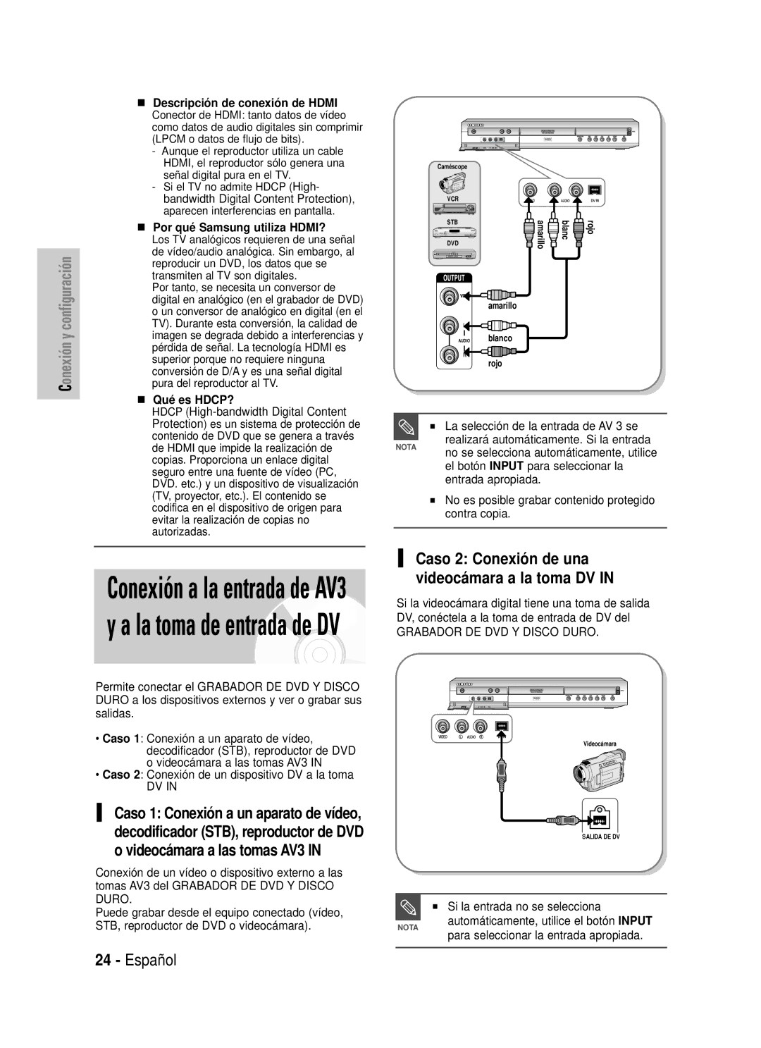 Samsung DVD-HR725/XEG manual Caso 2 Conexió n de una videocá mara a la toma DV, Hdcp High-bandwidth Digital Content 