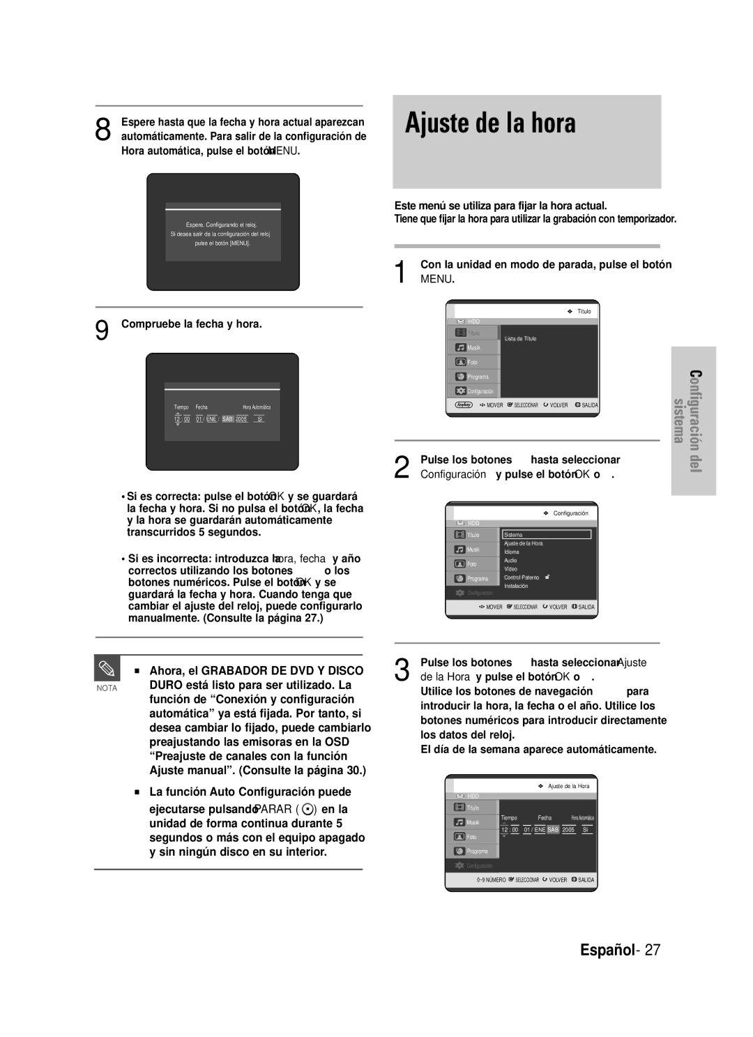 Samsung DVD-HR725/XEH, DVD-HR725/XEG, DVD-HR725/XEF, DVD-HR725/XET, DVD-HR725/XEB, DVD-HR725/XEO manual Ajuste de la hora 