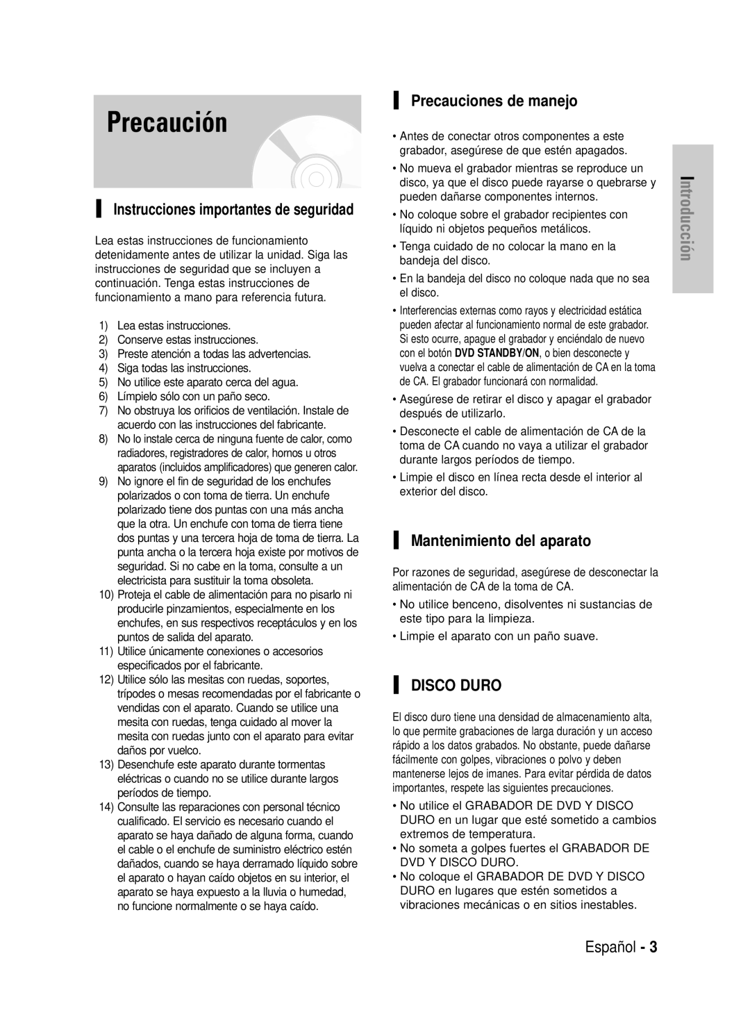 Samsung DVD-HR725/XEH, DVD-HR725/XEG, DVD-HR725/XEF manual Precaución, Precauciones de manejo, Mantenimiento del aparato 