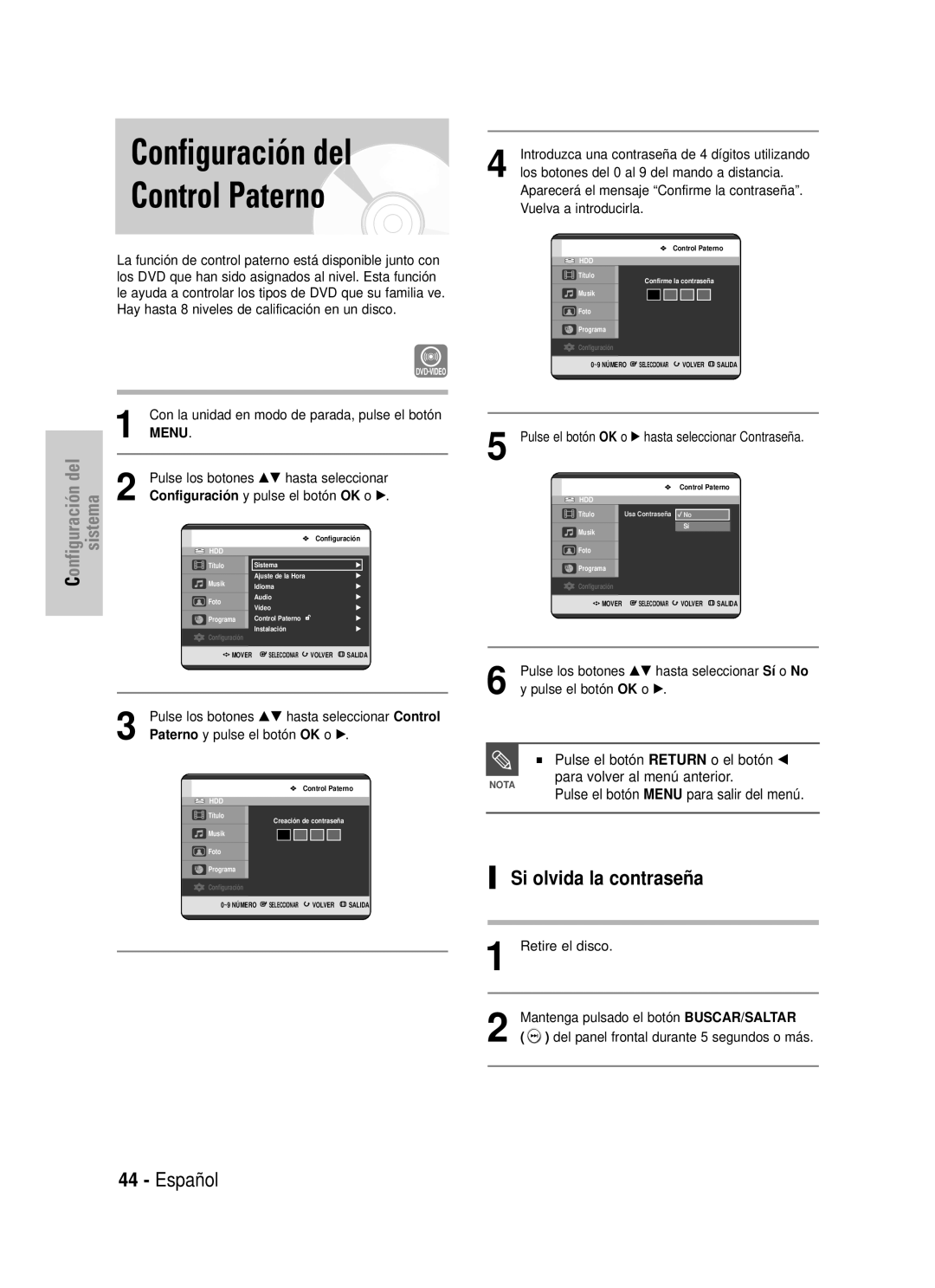 Samsung DVD-HR725/XEN manual Configuración del Control Paterno, Si olvida la contraseña, Paterno y pulse el botón OK o √ 