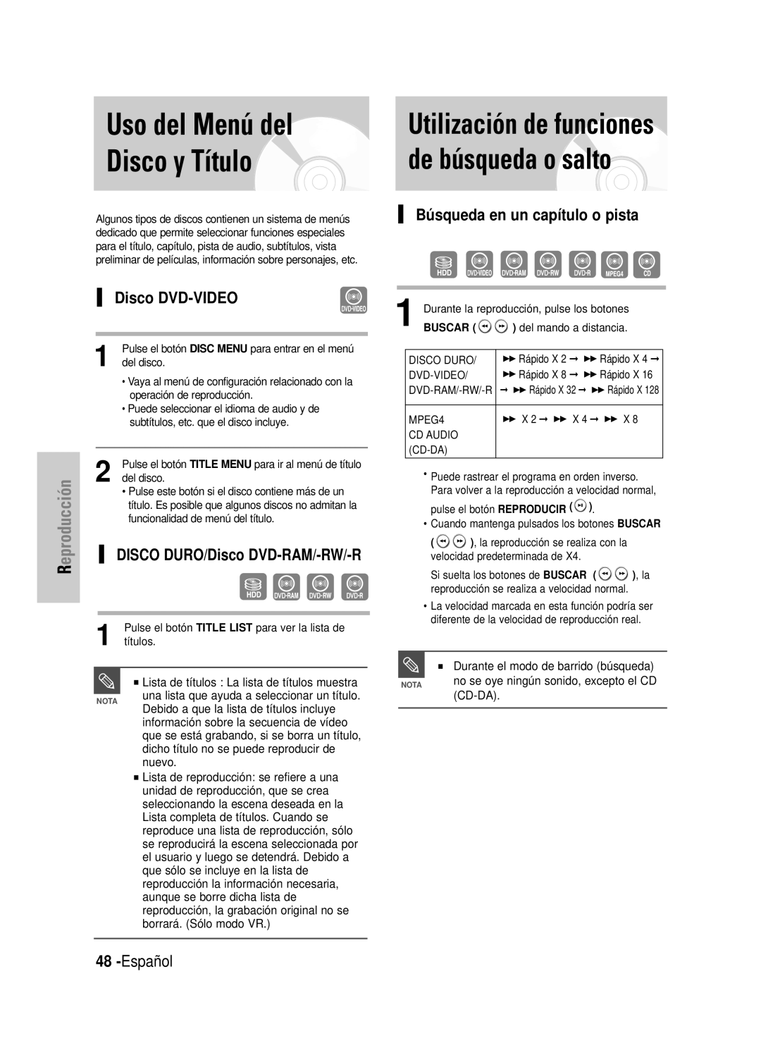 Samsung DVD-HR725/XEG manual Uso del Menú del Disco y Título, Utilización de funciones de búsqueda o salto, Disco DVD-VIDEO 