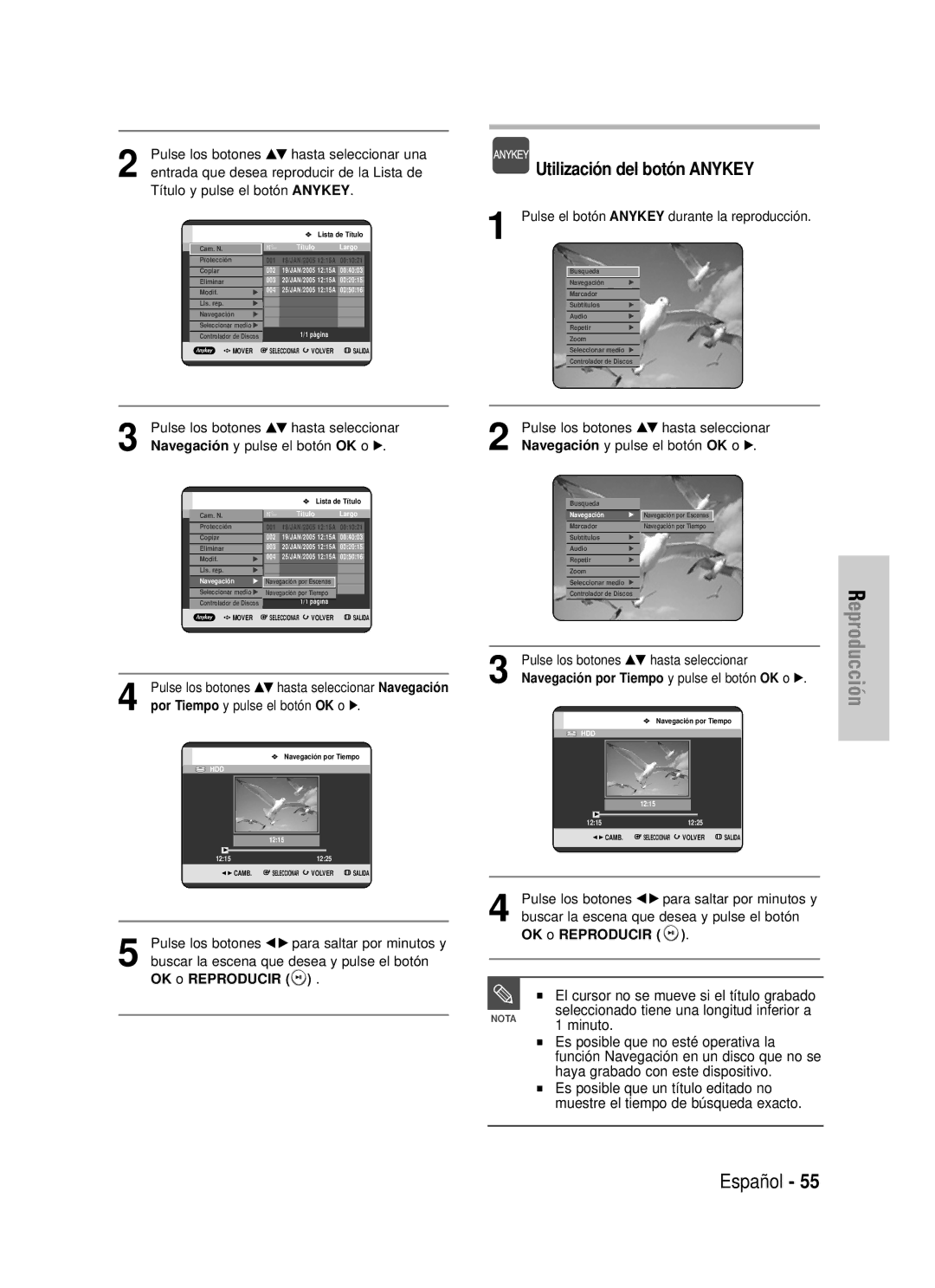 Samsung DVD-HR725/XEE El cursor no se mueve si el título grabado, Por Tiempo y pulse el botón OK o √, OK o Reproducir 