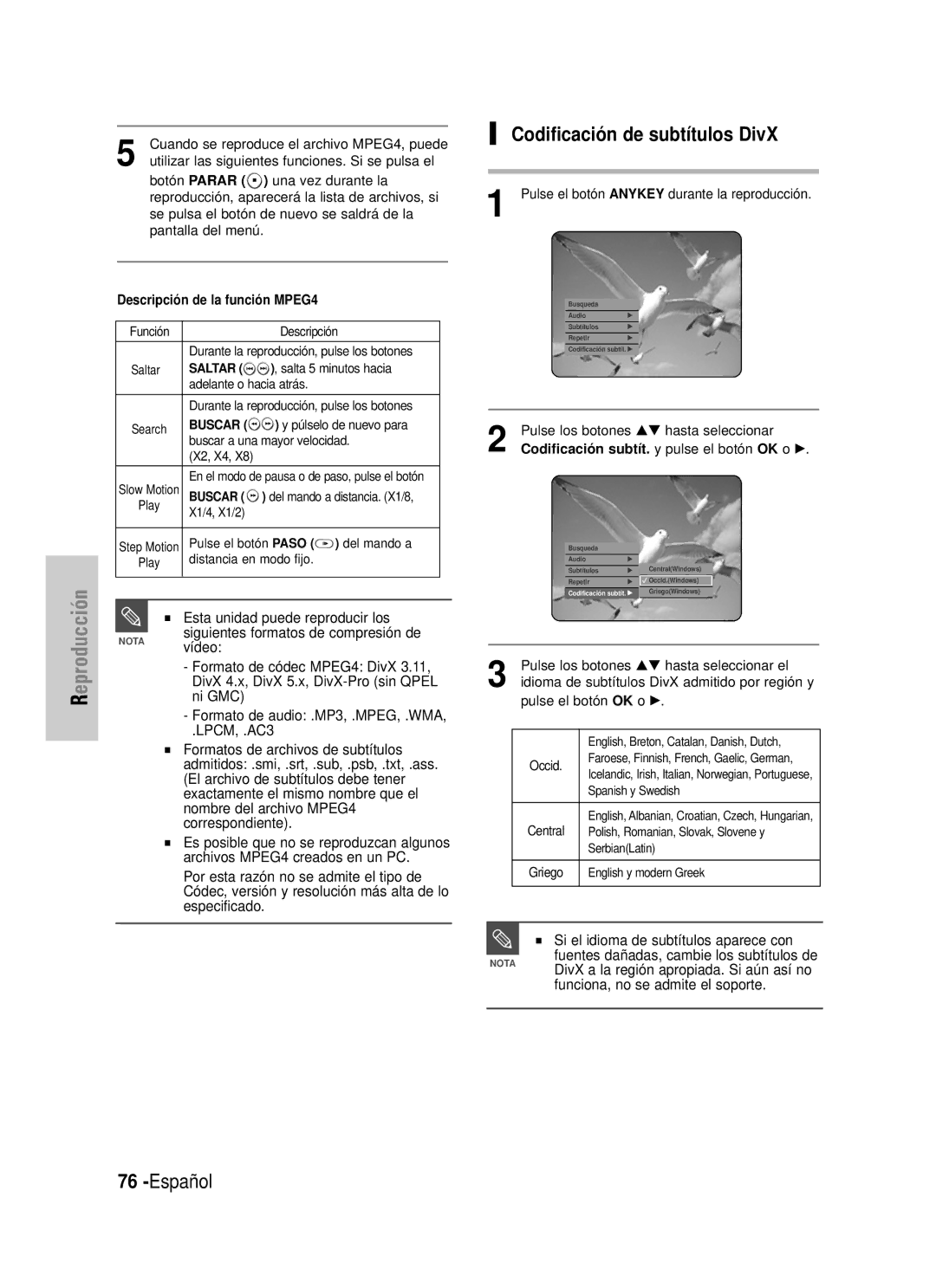 Samsung DVD-HR725/XEB, DVD-HR725/XEG, DVD-HR725/XEF, DVD-HR725/XET, DVD-HR725/XEH manual Codificación de subtítulos DivX 