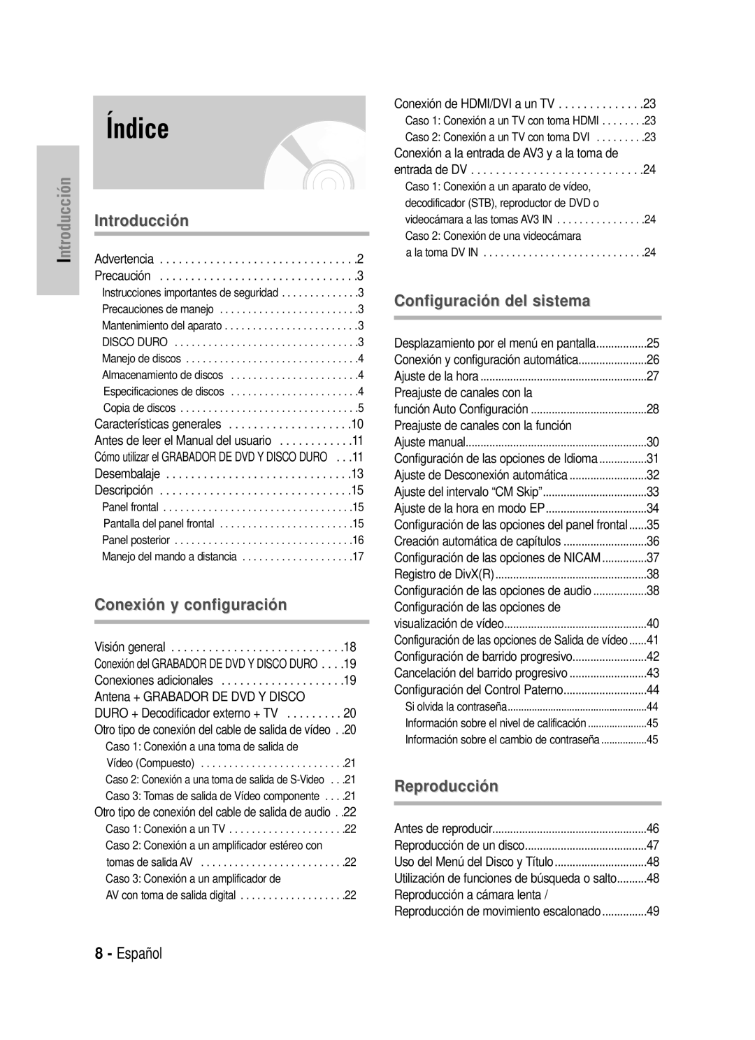 Samsung DVD-HR725/XEN, DVD-HR725/XEG Índice, Desembalaje Descripción, Caso 1 Conexión a una toma de salida de, La toma DV 