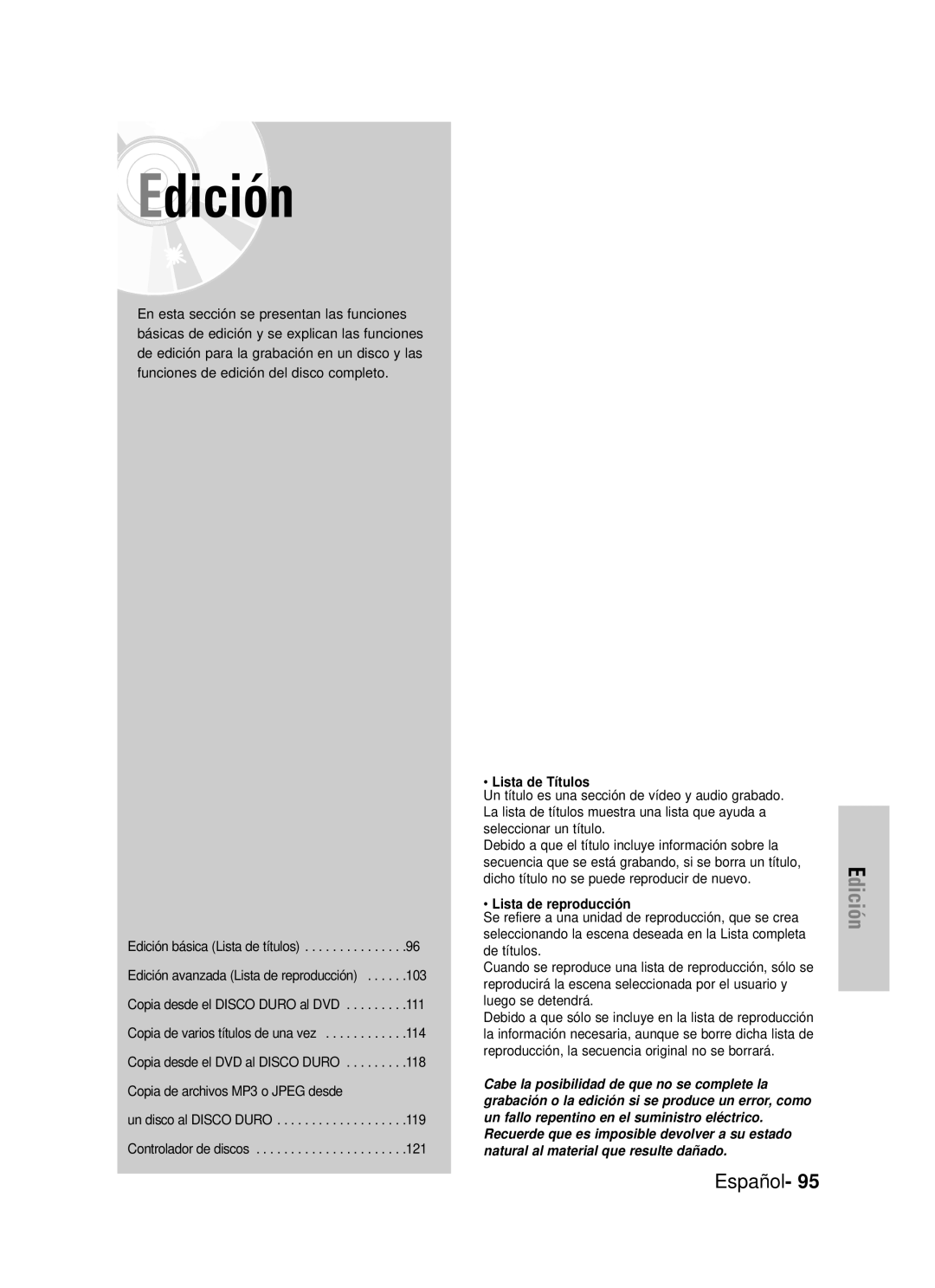 Samsung DVD-HR725/XEU, DVD-HR725/XEG, DVD-HR725/XEF, DVD-HR725/XET, DVD-HR725/XEH Lista de Títulos, Lista de reproducción 