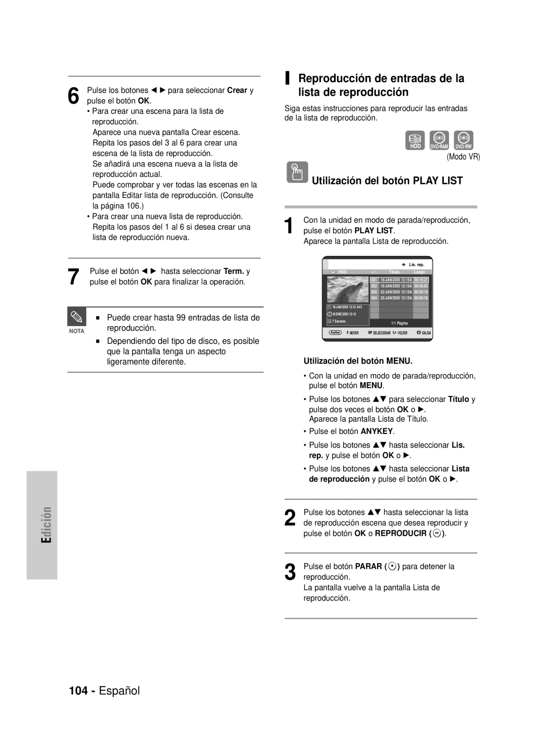 Samsung DVD-HR725/XEN, DVD-HR725/XEG Reproducción de entradas de la lista de reproducción, Utilización del botón Play List 