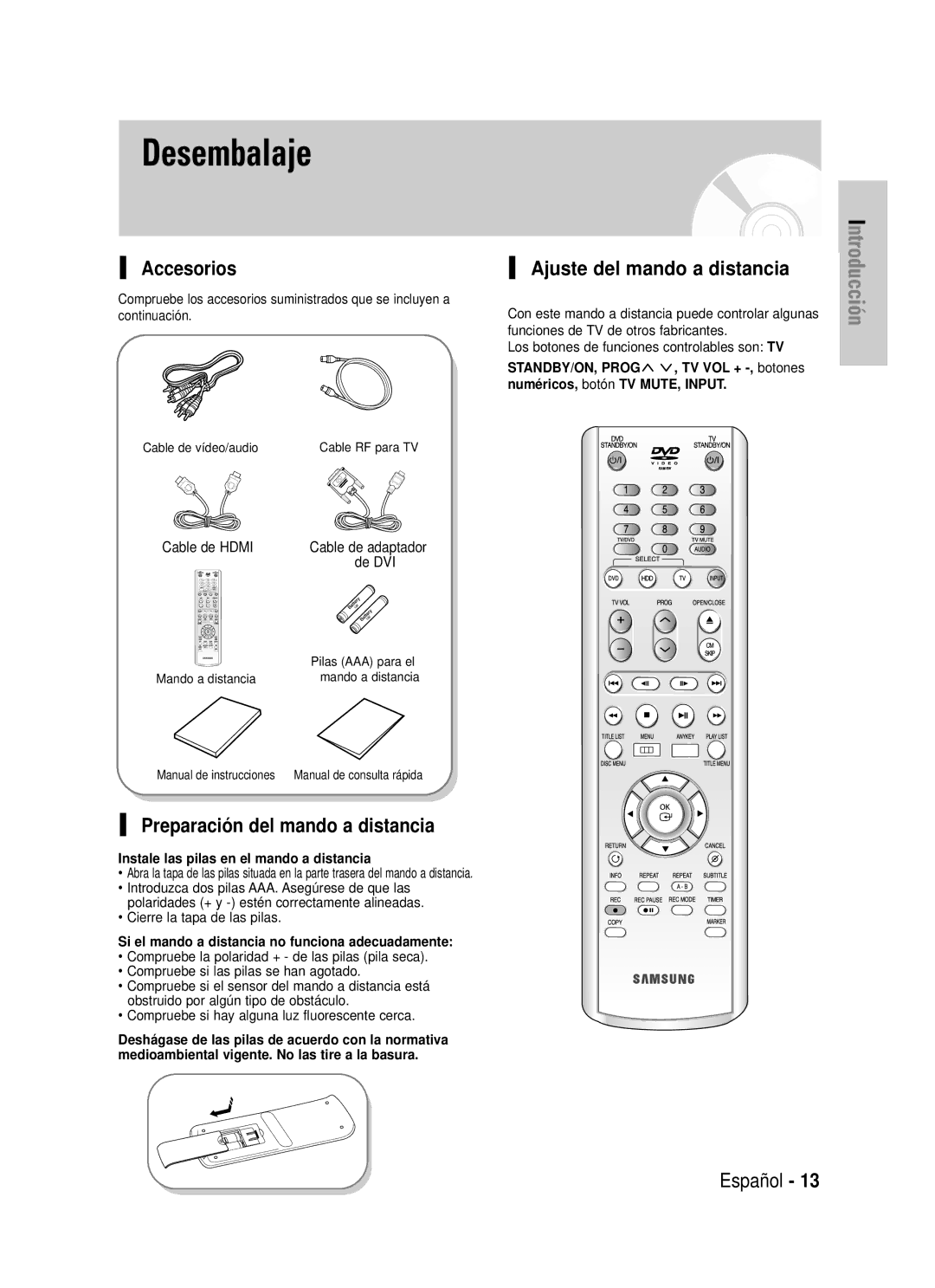 Samsung DVD-HR725/XEF manual Desembalaje, Accesorios, Preparación del mando a distancia, Ajuste del mando a distancia 