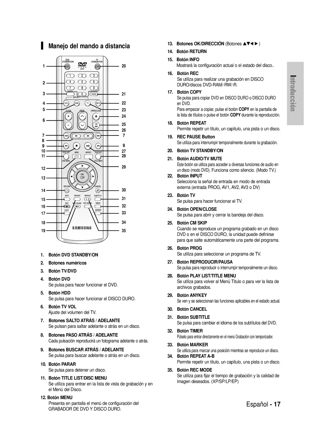 Samsung DVD-HR725/XEO, DVD-HR725/XEG, DVD-HR725/XEF, DVD-HR725/XET, DVD-HR725/XEH, DVD-HR725/XEB Manejo del mando a distancia 