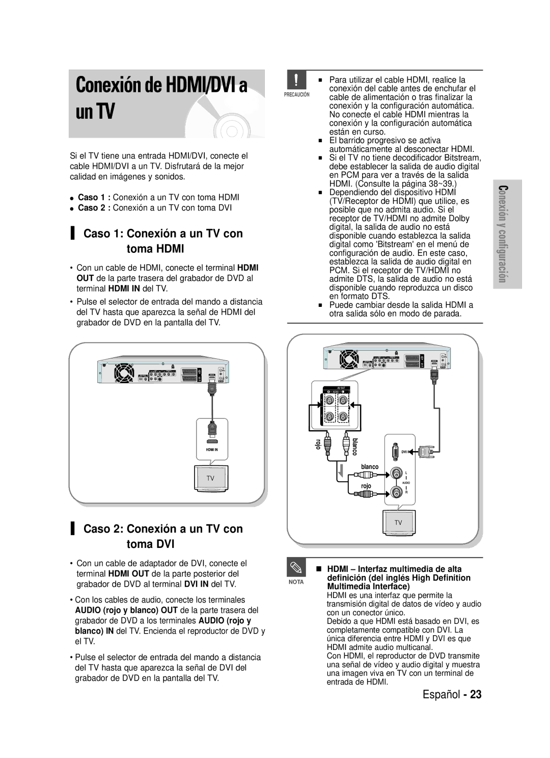 Samsung DVD-HR725/XEU, DVD-HR725/XEG, DVD-HR725/XEF Un TV, Conexión de HDMI/DVI a, Caso 1 Conexión a un TV con, Toma Hdmi 