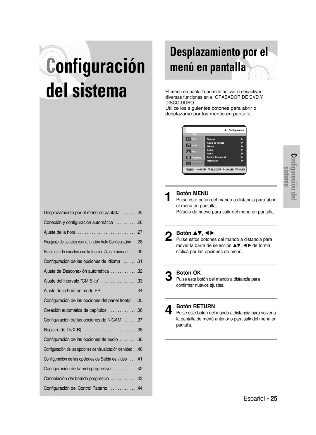 Samsung DVD-HR725/XEF, DVD-HR725/XEG, DVD-HR725/XET Configuración del sistema, Pulse este botón del mando a distancia para 