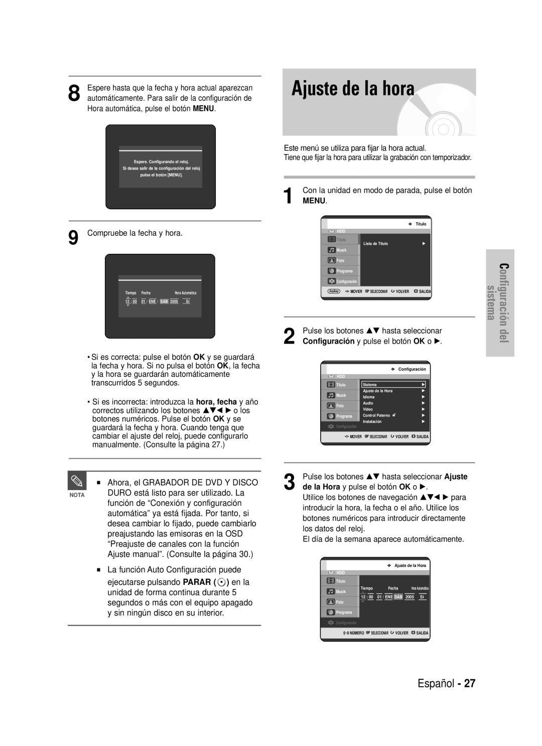 Samsung DVD-HR725/XEH, DVD-HR725/XEG, DVD-HR725/XEF, DVD-HR725/XET, DVD-HR725/XEB, DVD-HR725/XEO manual Ajuste de la hora 