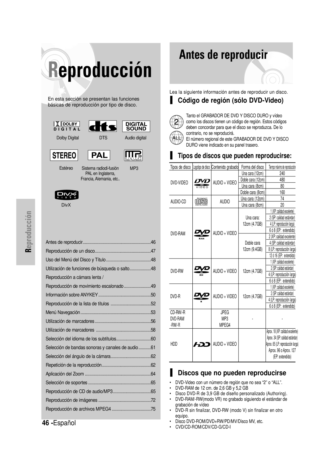 Samsung DVD-HR725/EUR manual Antes de reproducir, Código de región sólo DVD-Video, Discos que no pueden reproducirse 