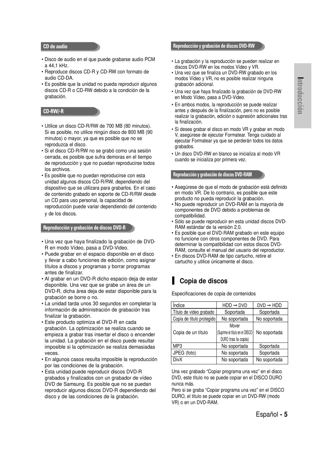 Samsung DVD-HR725/XEO Copia de discos, Especificaciones de copia de contenidos Índice, Copia de un título, Jpeg foto, DivX 