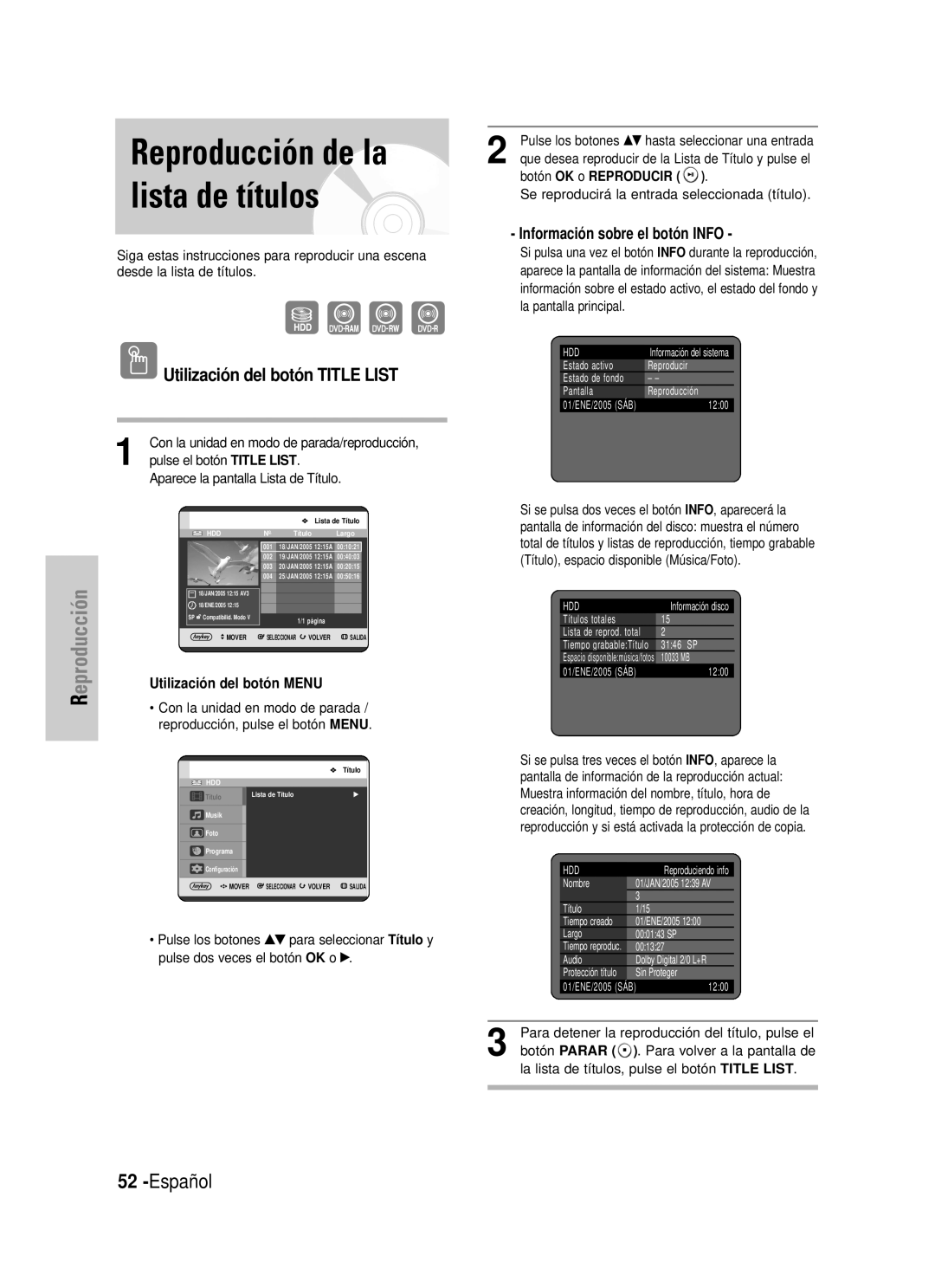 Samsung DVD-HR725/XEB Utilización del botón Title List, Información sobre el botón Info, Con la unidad en modo de parada 