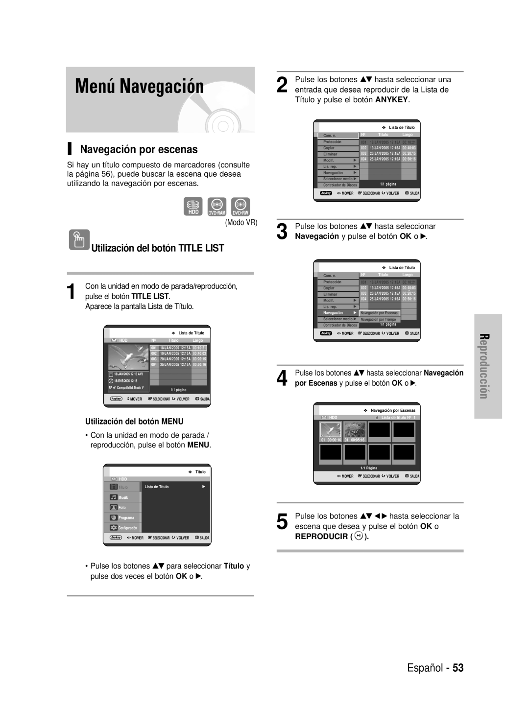 Samsung DVD-HR725/XEO, DVD-HR725/XEG, DVD-HR725/XEF, DVD-HR725/XET manual Menú Navegación, Navegación por escenas, Modo VR 