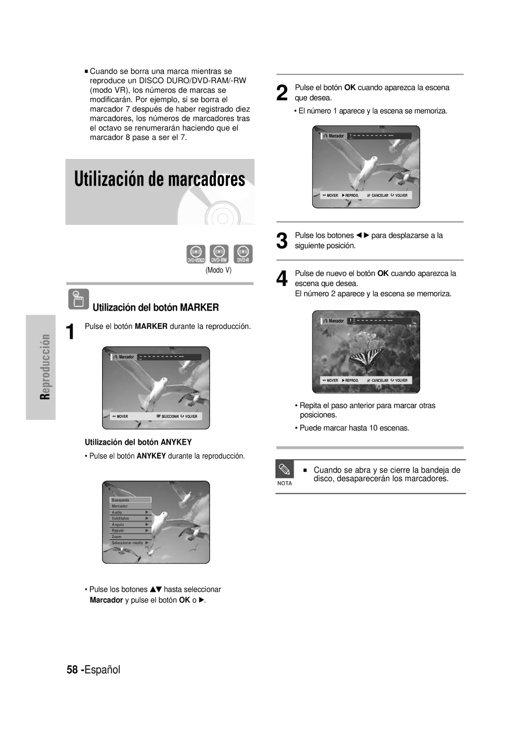 Samsung DVD-HR725/EUR, DVD-HR725/XEG manual Cuando se abra y se cierre la bandeja de, Disco, desaparecerán los marcadores 