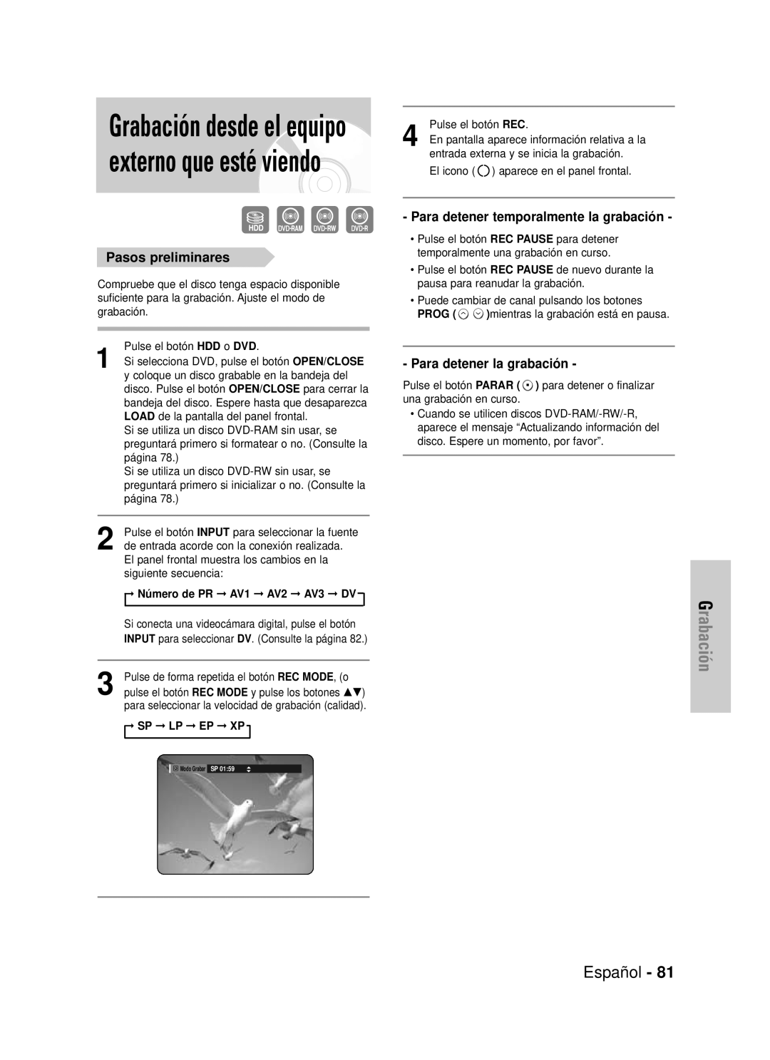 Samsung DVD-HR725/XEC, DVD-HR725/XEG, DVD-HR725/XEF manual Pasos preliminares, Número de PR AV1 AV2 AV3 DV, Sp Lp Ep Xp 