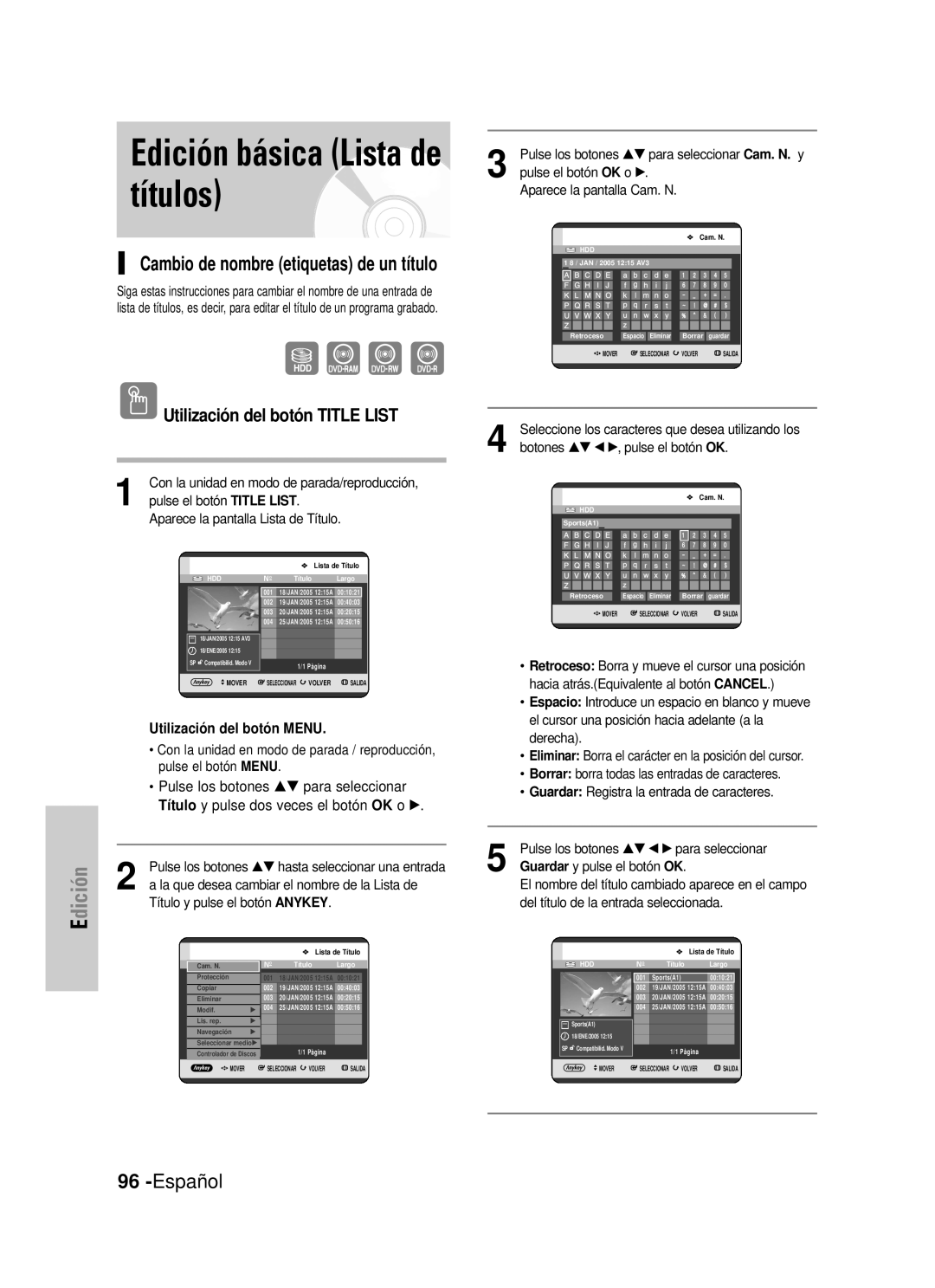 Samsung DVD-HR725/XEG, DVD-HR725/XEF manual Edición básica Lista de títulos, Cambio de nombre etiquetas de un título 