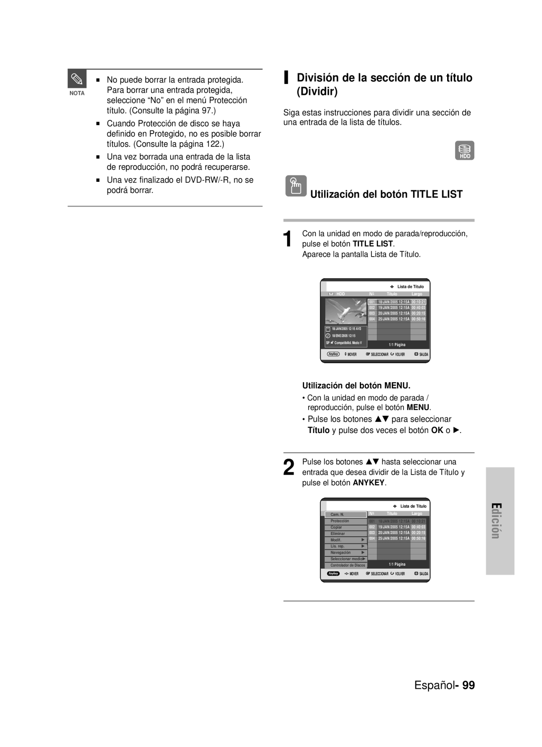 Samsung DVD-HR725/XEH, DVD-HR725/XEG, DVD-HR725/XEF, DVD-HR725/XET, DVD-HR725/XEB División de la sección de un título Dividir 