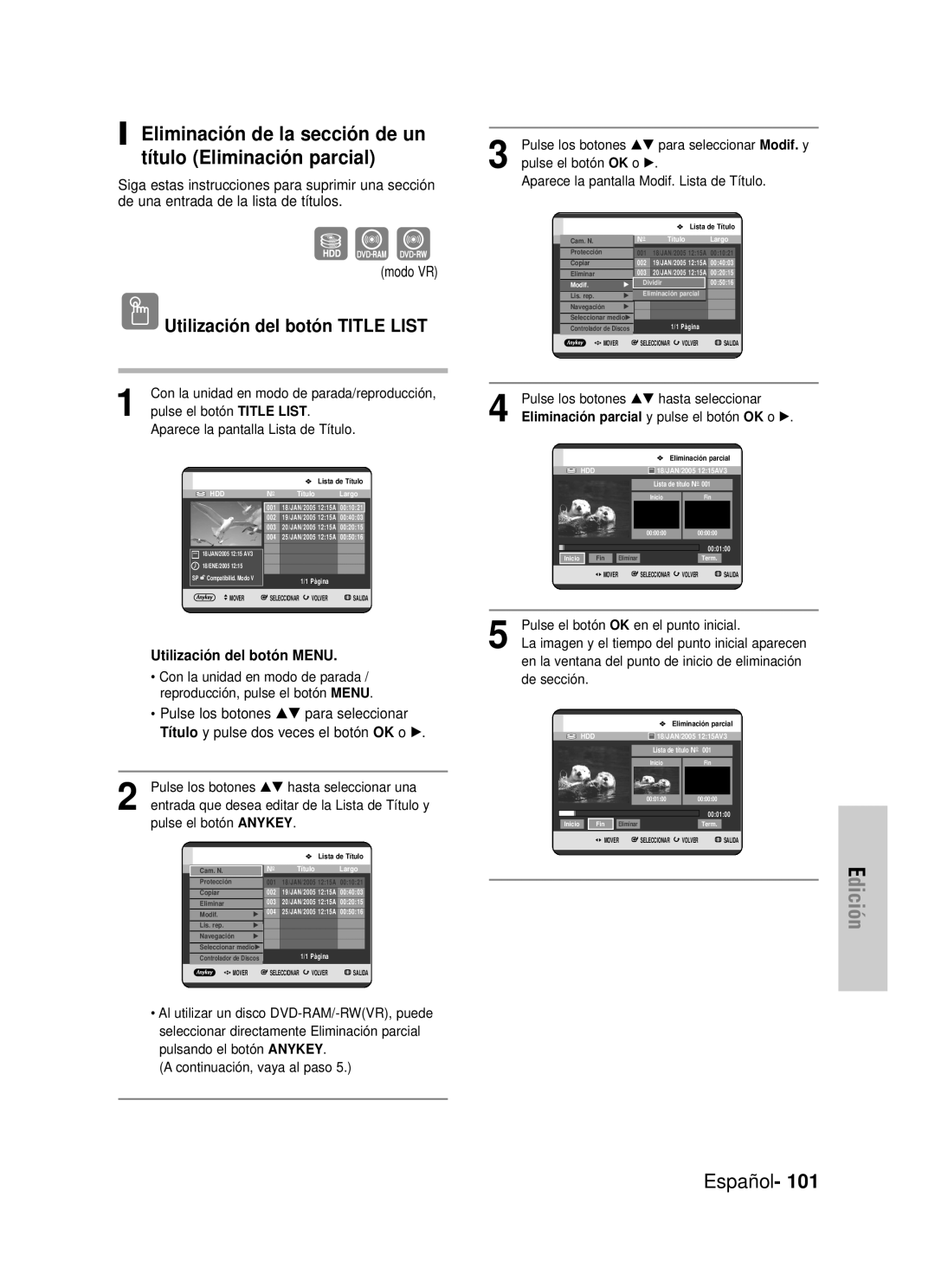 Samsung DVD-HR725/XEO, DVD-HR725/XEG manual Eliminación de la sección de un título Eliminación parcial, Edición, Español 