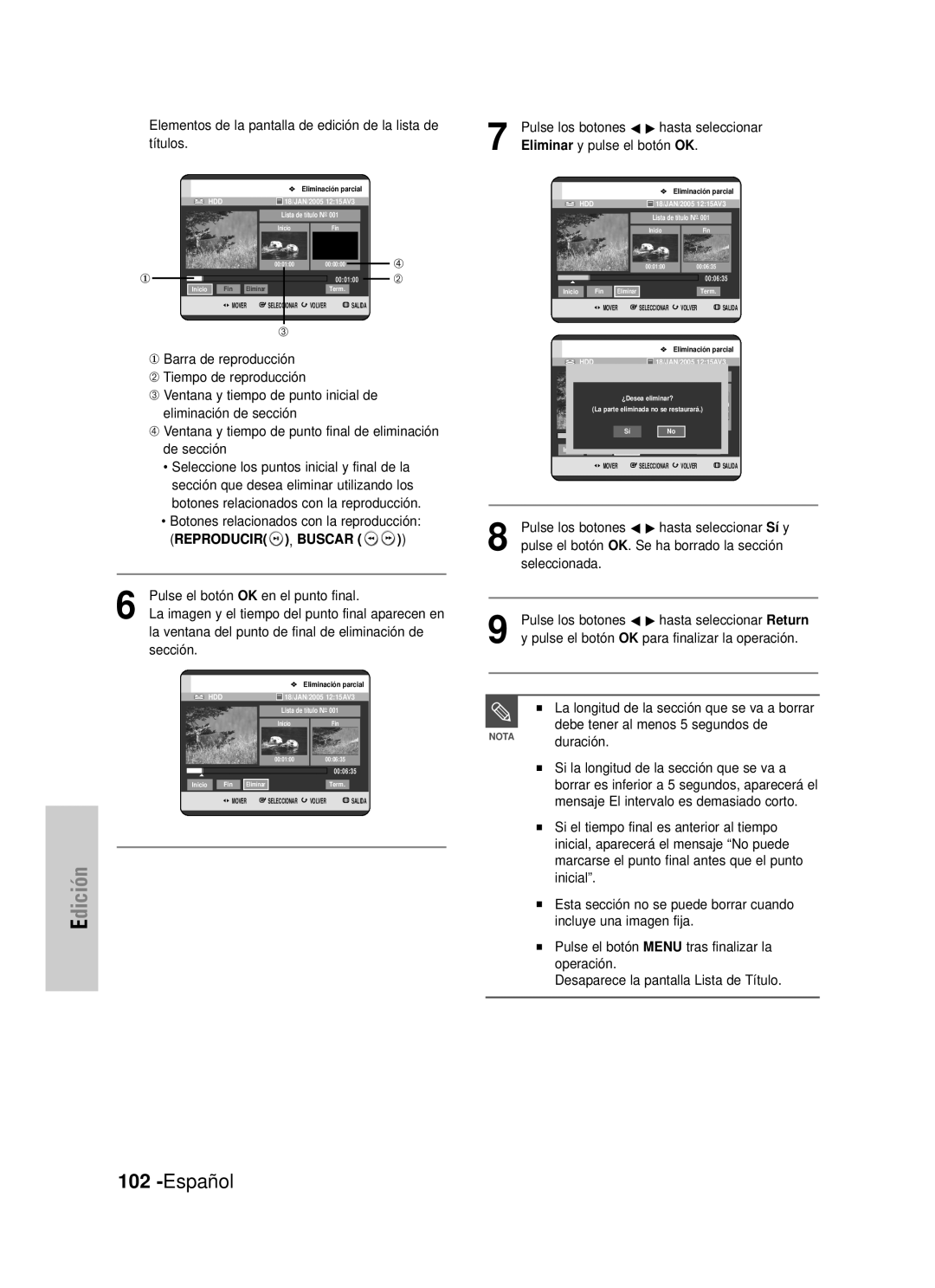 Samsung DVD-HR725/SED, DVD-HR725/XEG Español, Edición, Reproducir , Buscar, Pulse el botón OK en el punto final, sección 