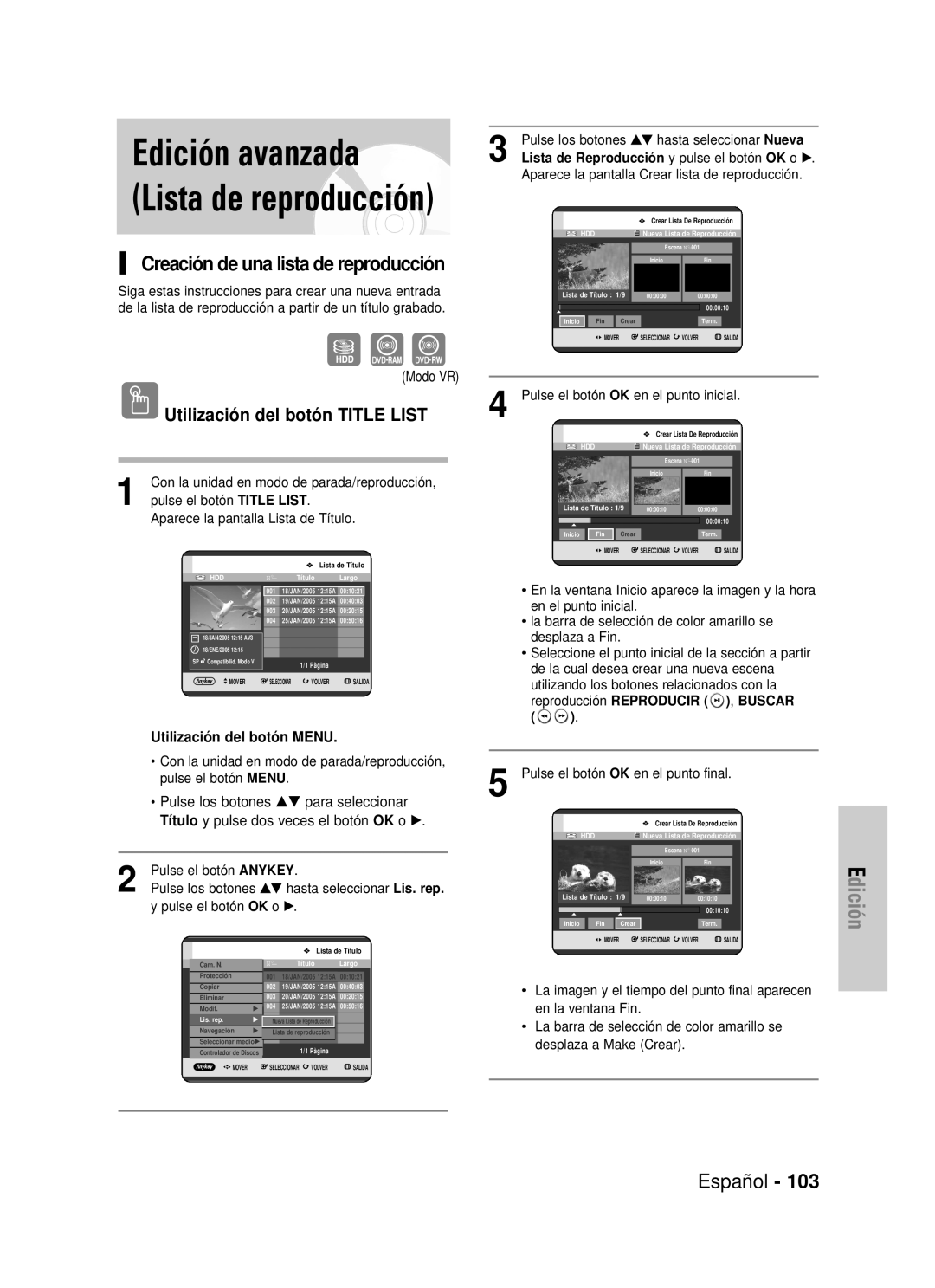 Samsung DVD-HR725/XEE Lista de reproducción, Edición avanzada, Creación de una lista de reproducción, Español, Modo VR 