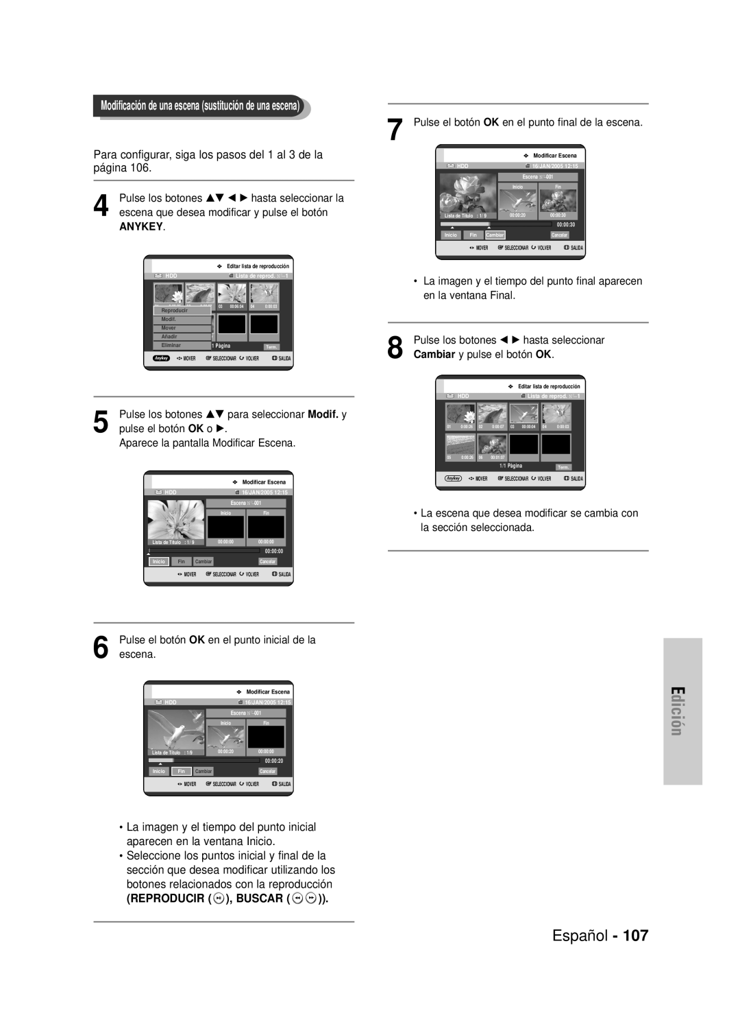 Samsung DVD-HR725/XEU Edición, Español, Para configurar, siga los pasos del 1 al 3 de la página, Anykey, escena, Mover 