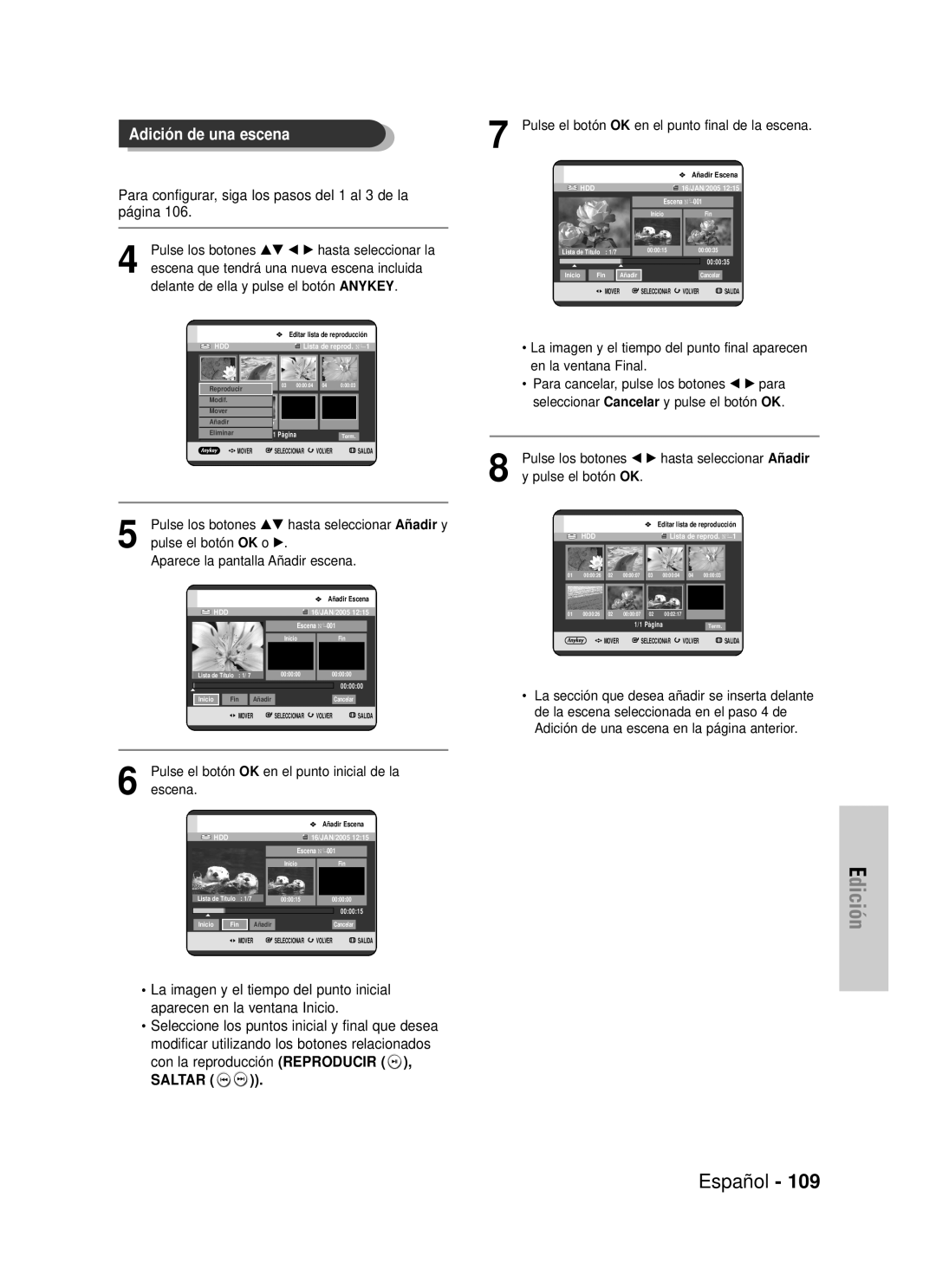 Samsung DVD-HR725/XEF Adición de una escena, Edición, Español, Para configurar, siga los pasos del 1 al 3 de la página 
