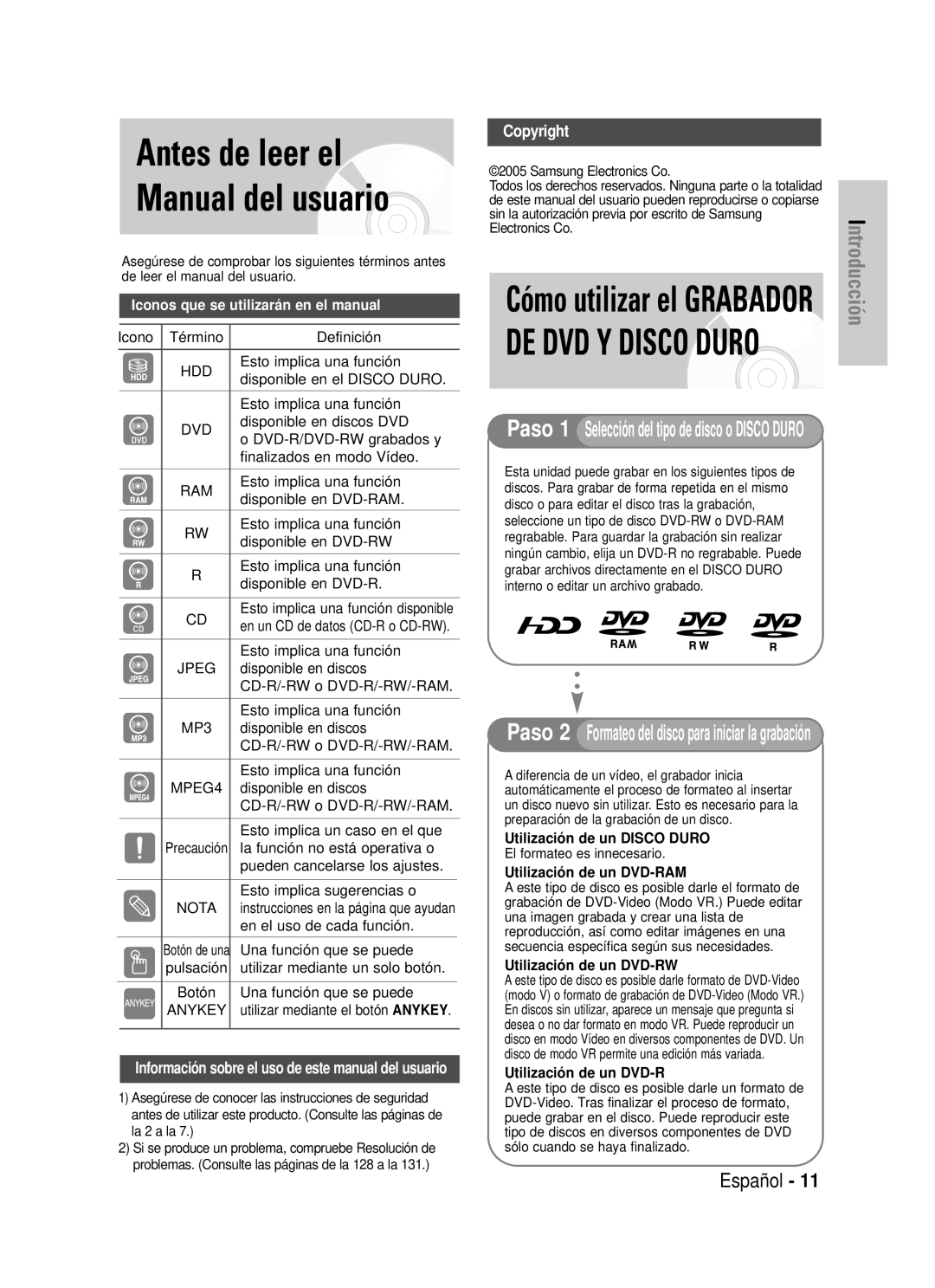 Samsung DVD-HR725/XEU manual Antes de leer el Manual del usuario, De Dvd Y Disco Duro, Cómo utilizar el GRABADOR, Copyright 