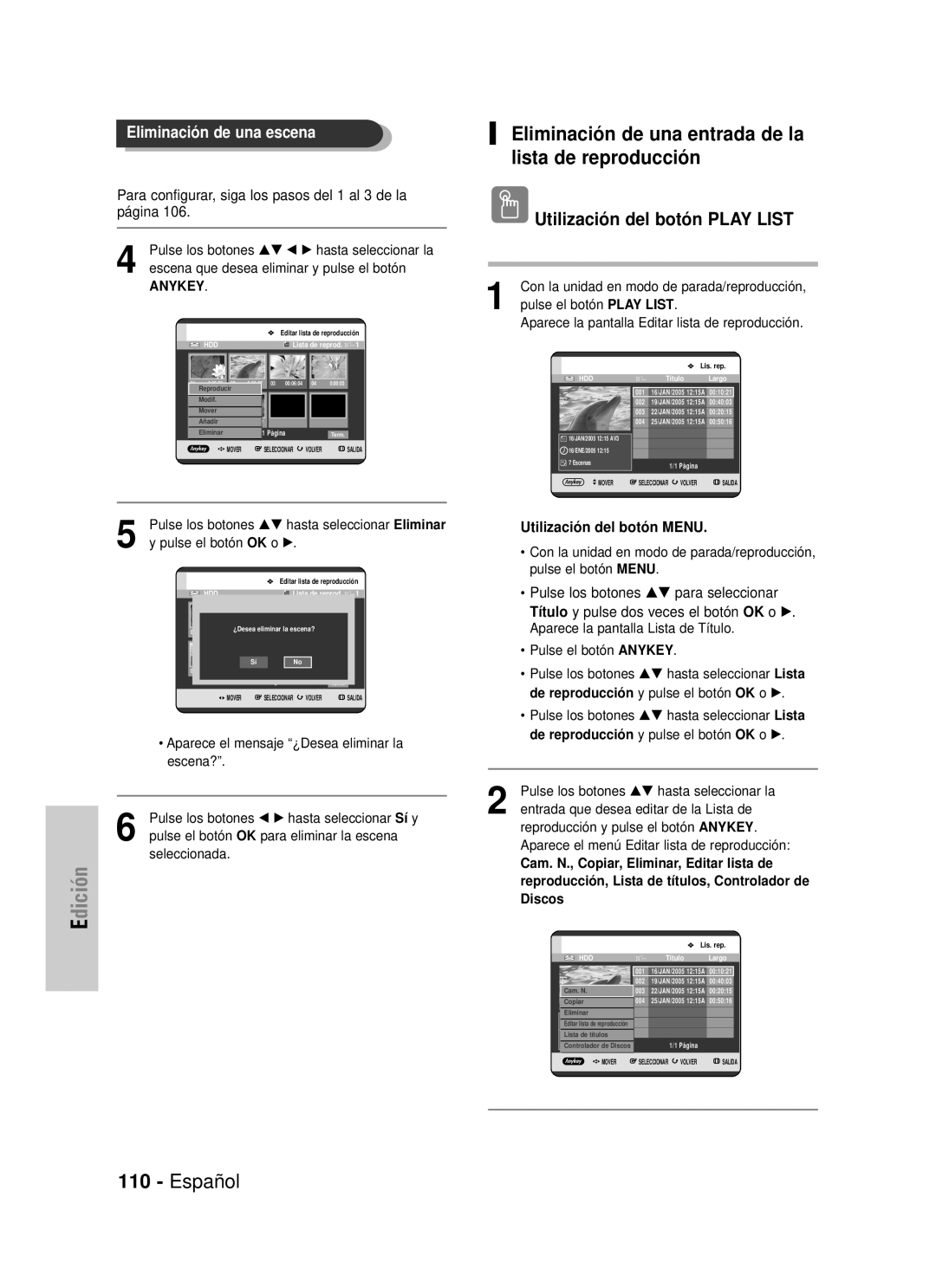 Samsung DVD-HR725/XET Eliminación de una entrada de la lista de reproducción, Español, Eliminación de una escena, Edición 