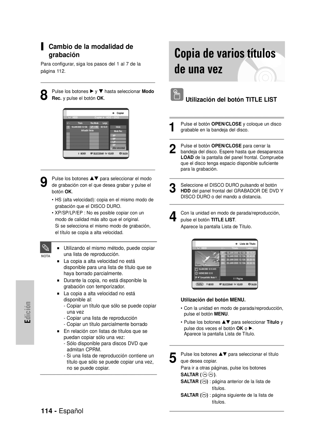 Samsung DVD-HR725/SED manual Copia de varios títulos de una vez, dición, Cambio de la modalidad de grabación, Español 