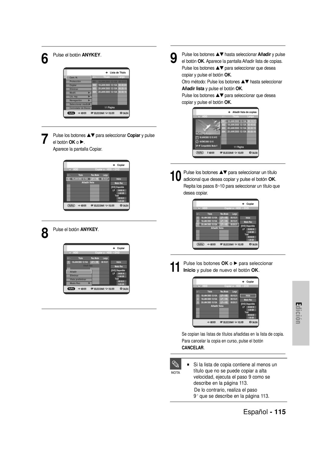 Samsung DVD-HR725/XEE manual Edición, Español, título que no se puede copiar a alta, velocidad, ejecuta el paso 9 como se 