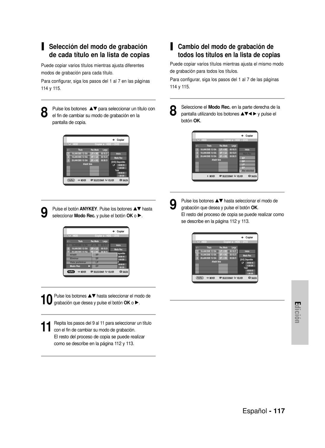 Samsung DVD-HR725/XEC manual Selección del modo de grabación de cada título en la lista de copias, Edición, Español 
