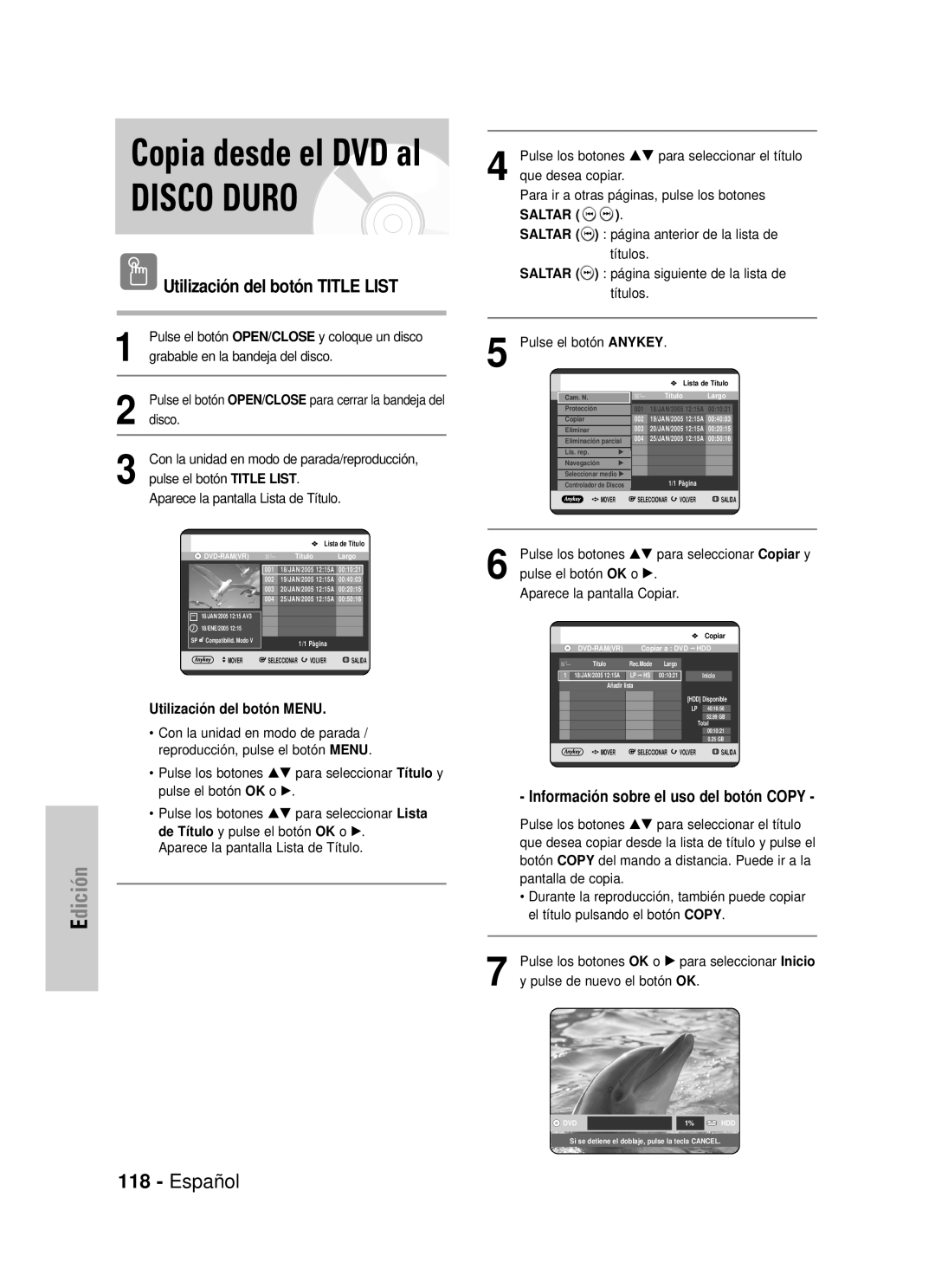 Samsung DVD-HR725/EUR manual Disco Duro, Copia desde el DVD al, Español, Edición, Utilización del botón TITLE LIST, Saltar 