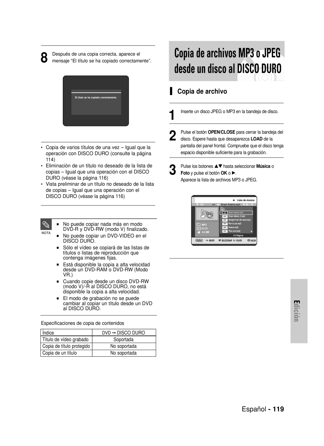 Samsung DVD-HR725/XEU, DVD-HR725/XEG manual Copia de archivos MP3 o JPEG desde un disco al DISCO DURO, Edición, Español 