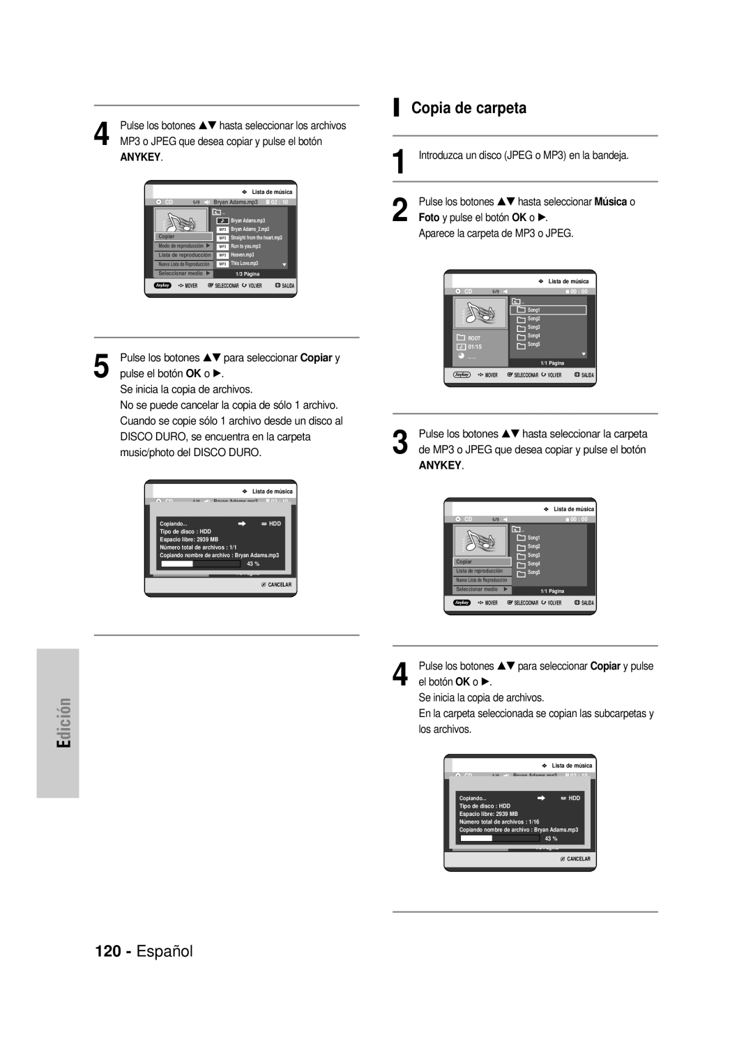 Samsung DVD-HR725/XEG manual Copia de carpeta, Español, Edición, MP3 o JPEG que desea copiar y pulse el botón, Anykey 
