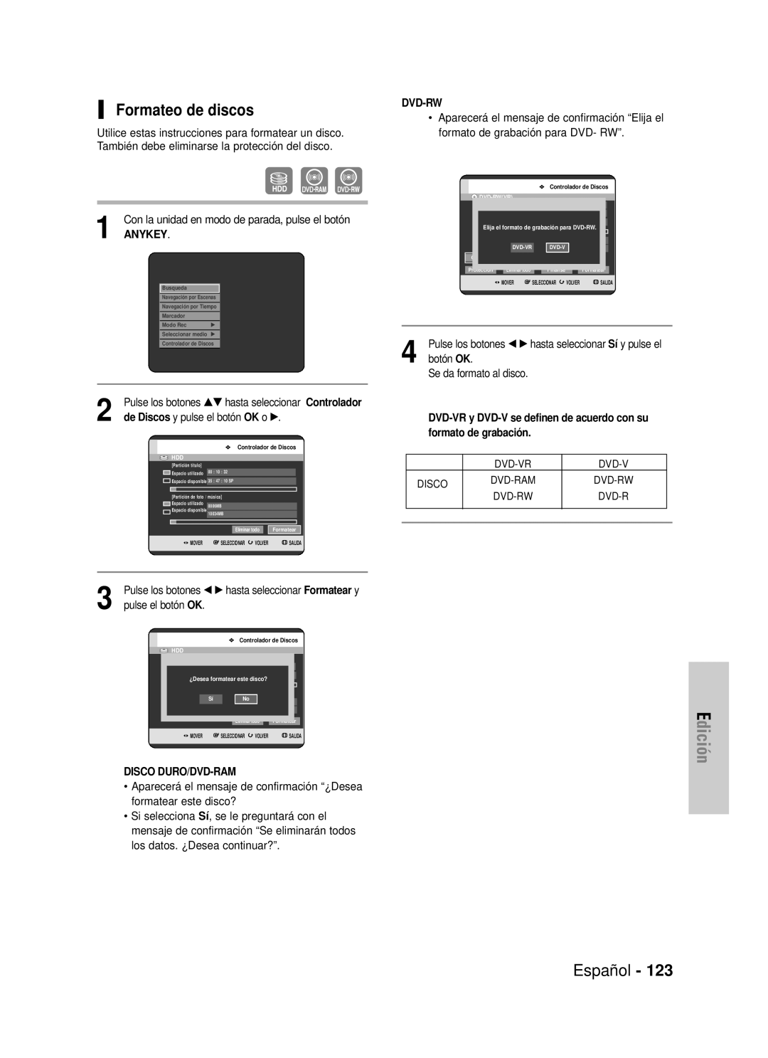 Samsung DVD-HR725/XEH manual Formateo de discos, Edición, Español, Con la unidad en modo de parada, pulse el botón, Anykey 