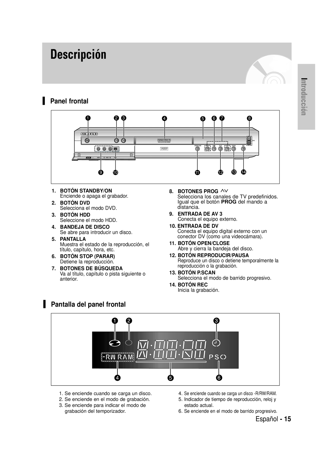 Samsung DVD-HR725/XEH, DVD-HR725/XEG manual Descripción, Panel frontal, Pantalla del panel frontal, Introducción, Español 