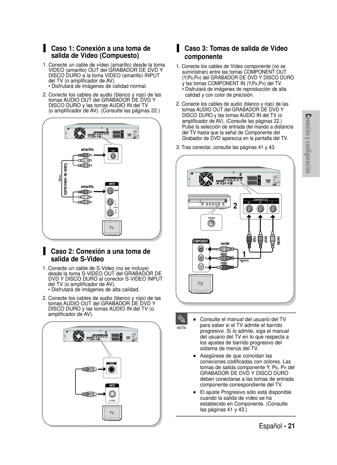 Samsung DVD-HR725/XEC manual Caso 3 Tomas de salida de Vídeo componente, Caso 2 Conexió n a una toma de salida de S-Video 