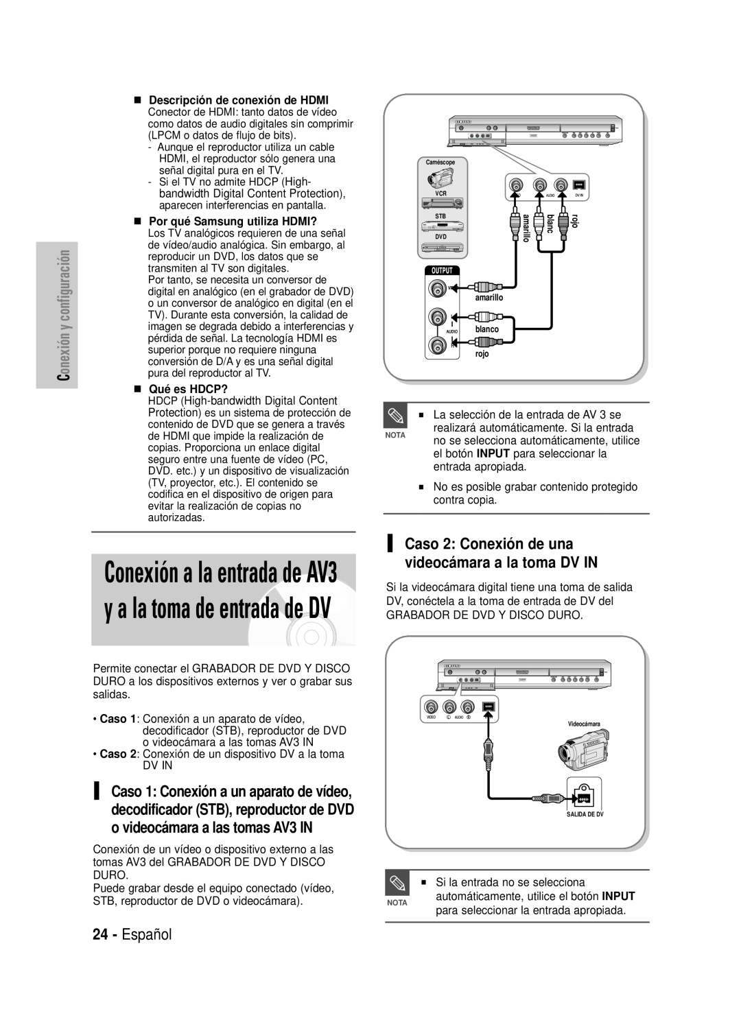 Samsung DVD-HR725/XEG manual Conexión a la entrada de AV3 y a la toma de entrada de DV, Español, Conexión y configuración 