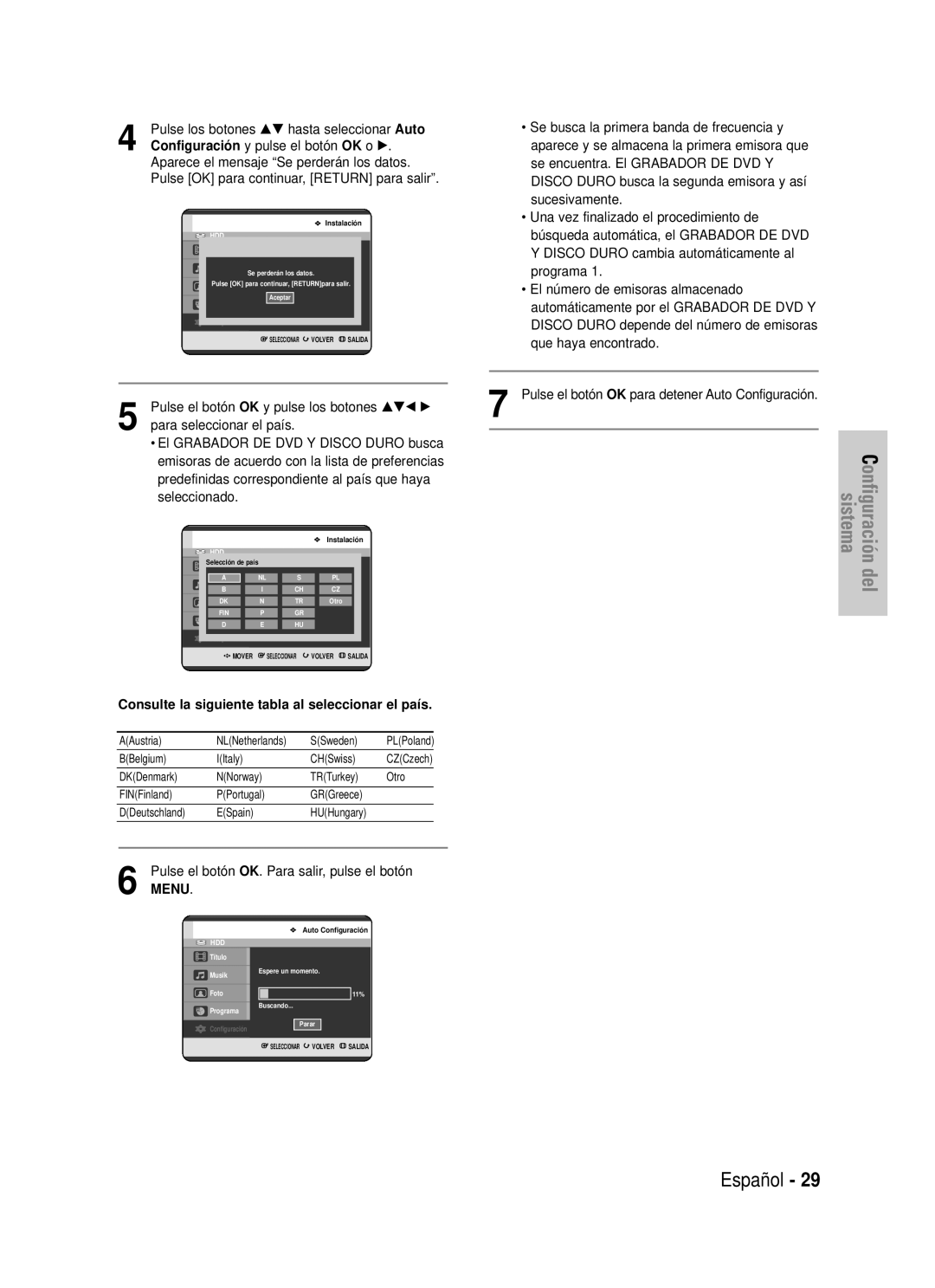 Samsung DVD-HR725/XEO manual Configuración del sistema, Español, Consulte la siguiente tabla al seleccionar el país, Menu 