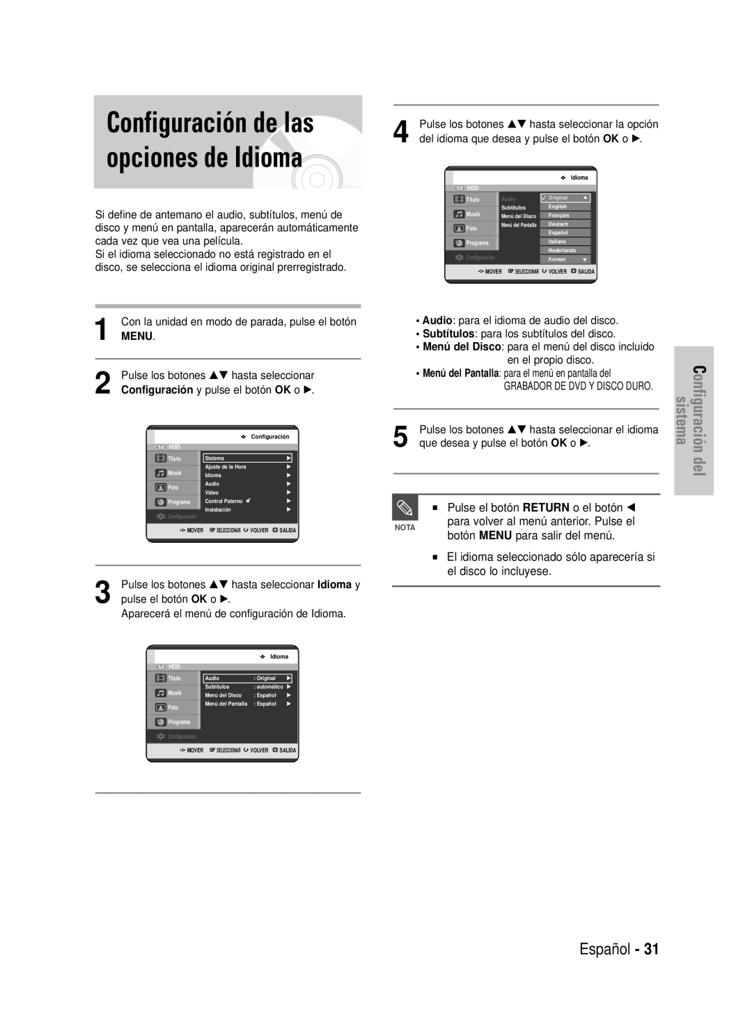 Samsung DVD-HR725/XEE manual Configuración de las opciones de Idioma, Español, Pulse el botón RETURN o el botón œ, Menu 