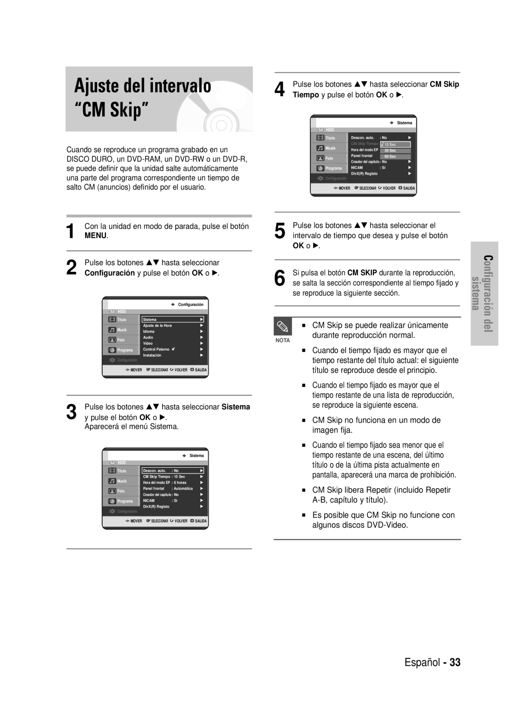 Samsung DVD-HR725/XEC Ajuste del intervalo “CM Skip”, Español, CM Skip se puede realizar únicamente, Menu, OK o √, sistema 