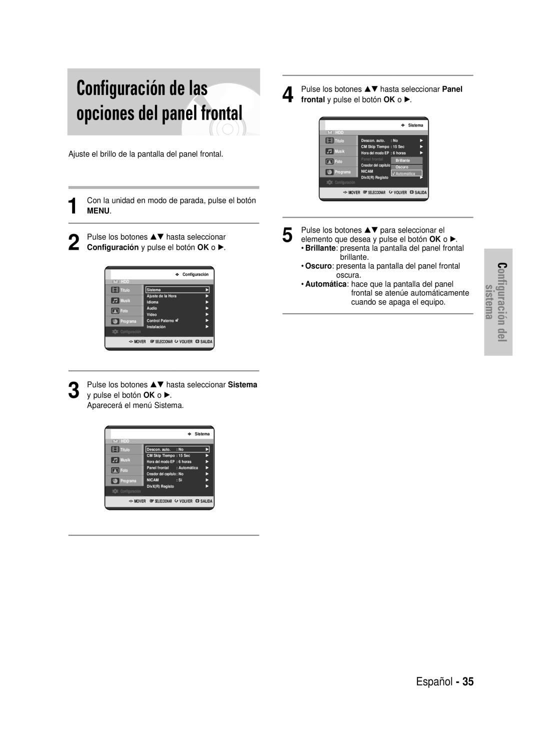 Samsung DVD-HR725/XEU manual Configuración de las opciones del panel frontal, Configuración del sistema, Español, Menu 
