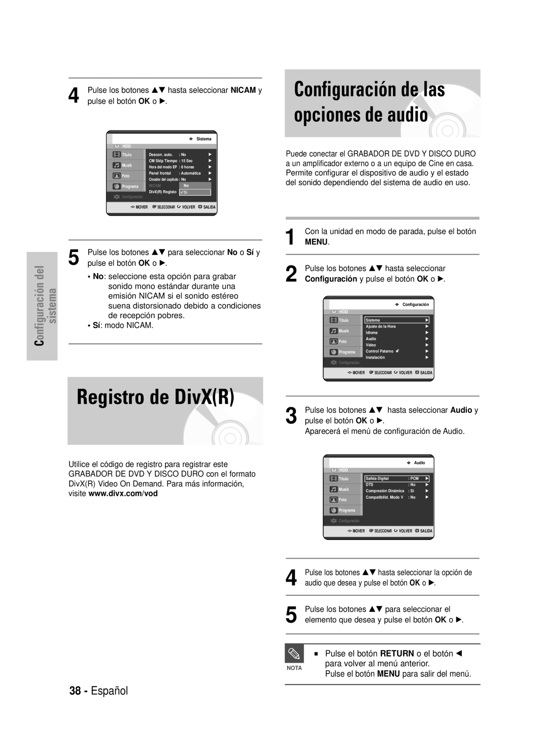 Samsung DVD-HR725/XET Registro de DivXR, Configuración de las opciones de audio, Español, Menu, pulse el botón OK o √ 