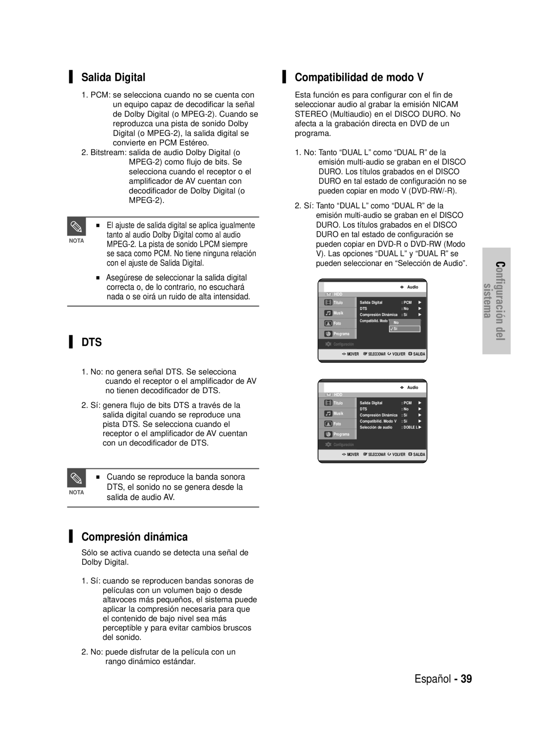 Samsung DVD-HR725/XEH, DVD-HR725/XEG, DVD-HR725/XEF Salida Digital, Compatibilidad de modo, Compresión dinámica, Español 