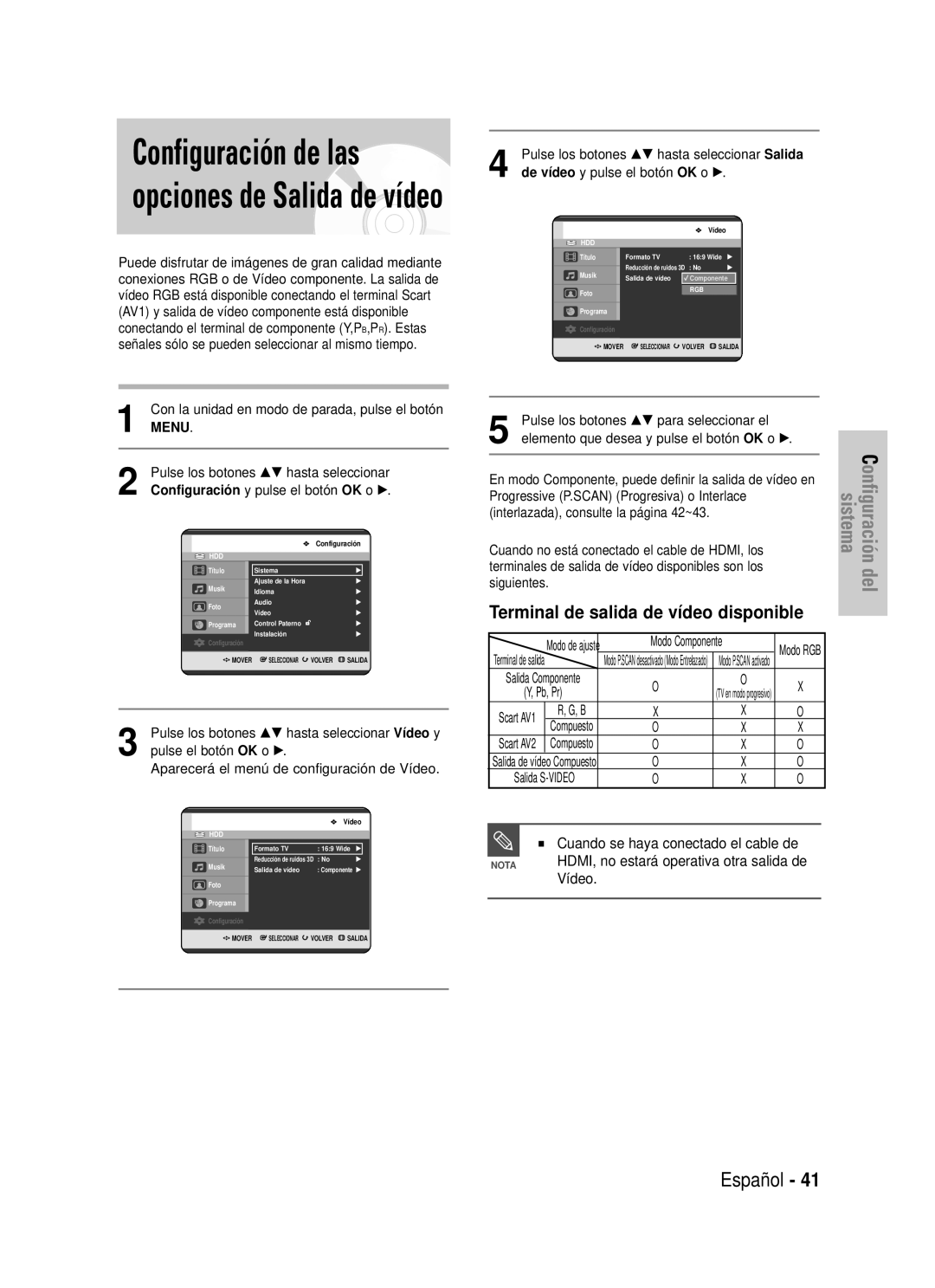 Samsung DVD-HR725/XEO Configuración de las opciones de Salida de vídeo, Terminal de salida de vídeo disponible, Español 